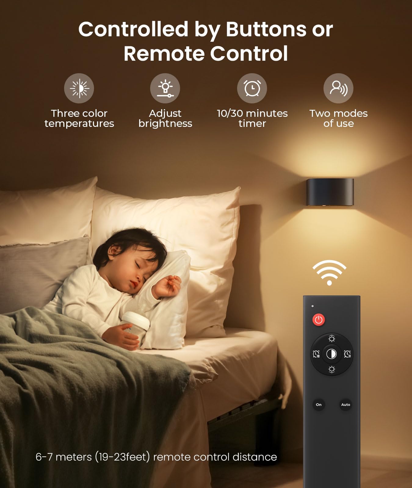 FULEN Motion Sensor Wall Light, LED Sconce, Remote Control, 3 Colors, Rechargeable, Black, 2 Pack, Model WL04