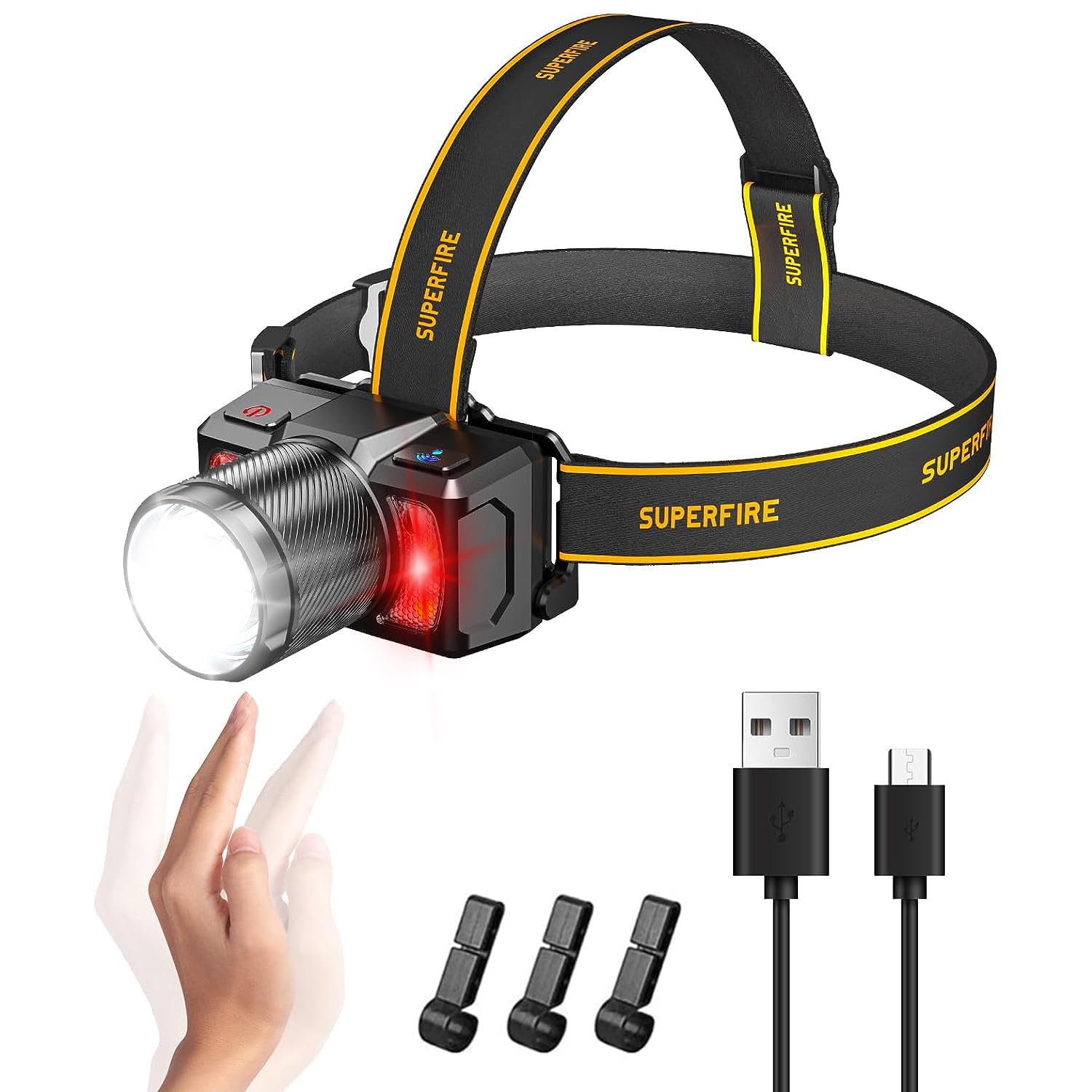 Superfire Led Headlamp,High Lumen Super Bright Headlamp Rechargeable,Zoomable Head Lamp Flashlight With Motion Sensor Hard Hat L
