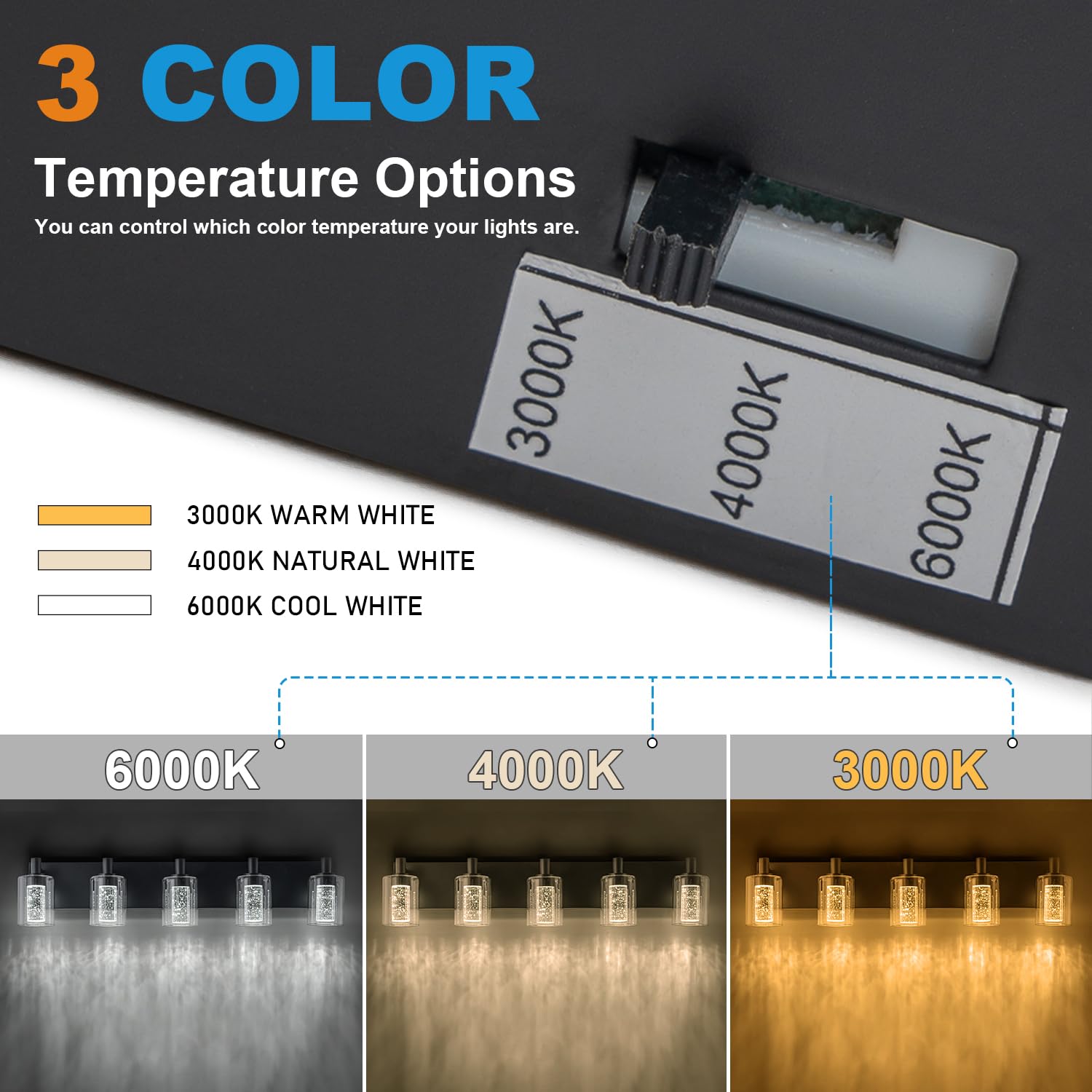 SineRise Vanity Light Fixture, 5-Light Dimmable LED, 3 Color Modes, Eye Protection, Black, Model S0028