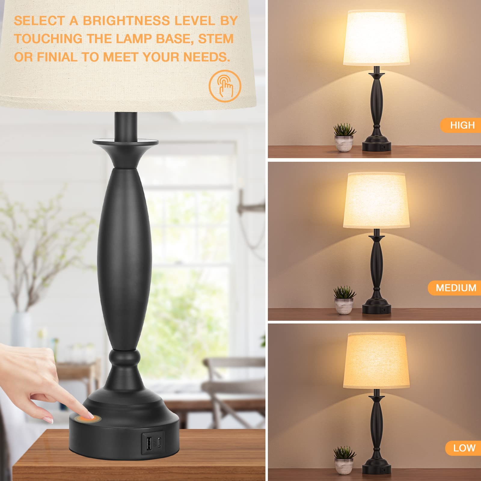 Beige Lamps For Bedrooms Set Of 2 - Touch Control Bedside Lamp With Usb C+A, 3 Way Dimmable Nightstand Lamps With Usb Port, Tabl