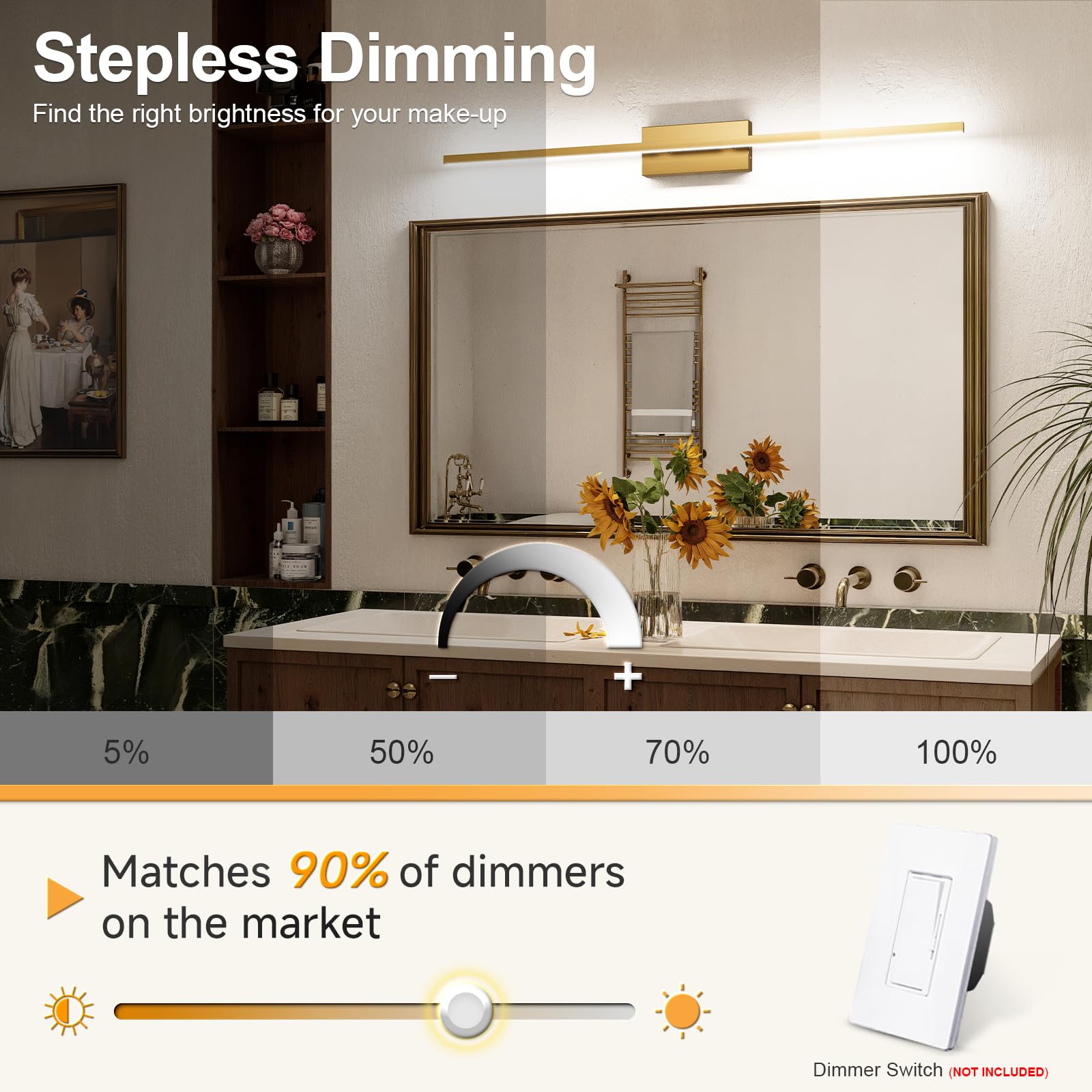 VOLISUN Bathroom Vanity Light 48in Brass LED, 30W Dimmable, 5CCT, Model 2160101ZM, Acrylic Fixture for Mirror Cabinets