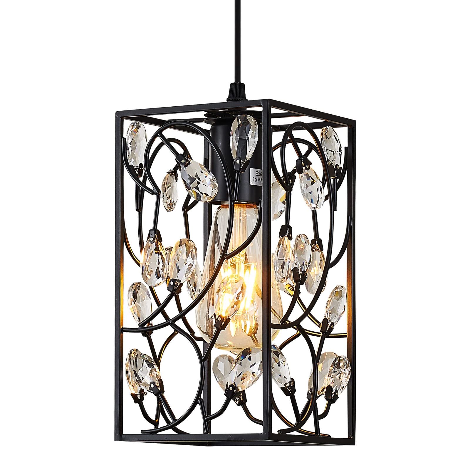 SHENGQINGTOP Modern Mini Crystal Pendant Light with Metal Cage 1-Light Rectangular Pendant Lighting Fixture for Kitchen Island S