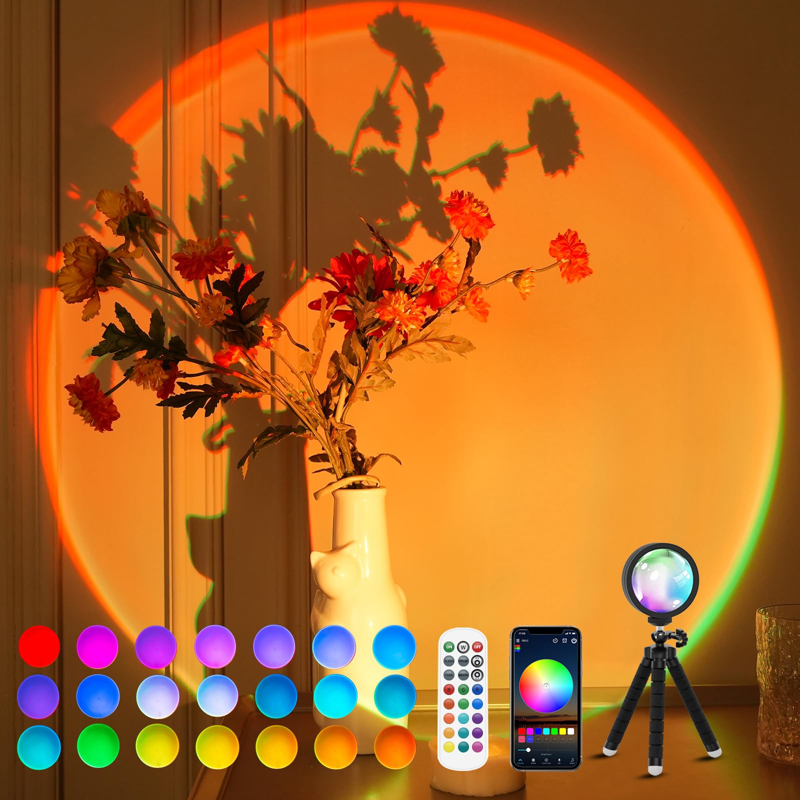 Tsrarey Sunset Lamp Projector Switch Button & APP Control& Remote,361Rotation Sunset Projection Lamp Night Light for Bedroom, Ph