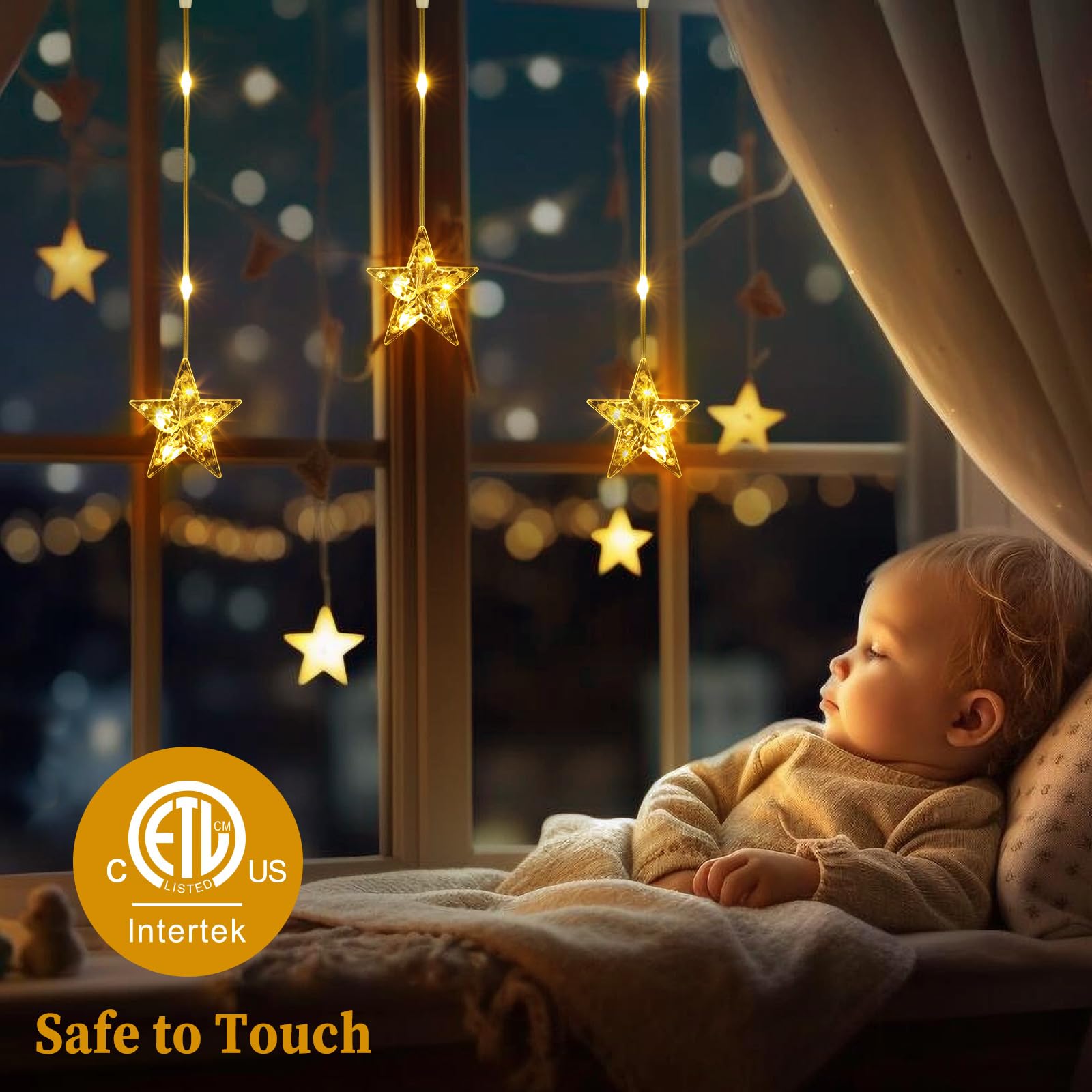 Marchpower 9 Stars Curtain Lights Warm White, Ip65 Battery Operated Christmas Star Window Curtain Lights With Timer & Memory Function, 76 Leds String Lights With 8 Modes And 10 Hooks For Xmas Decor