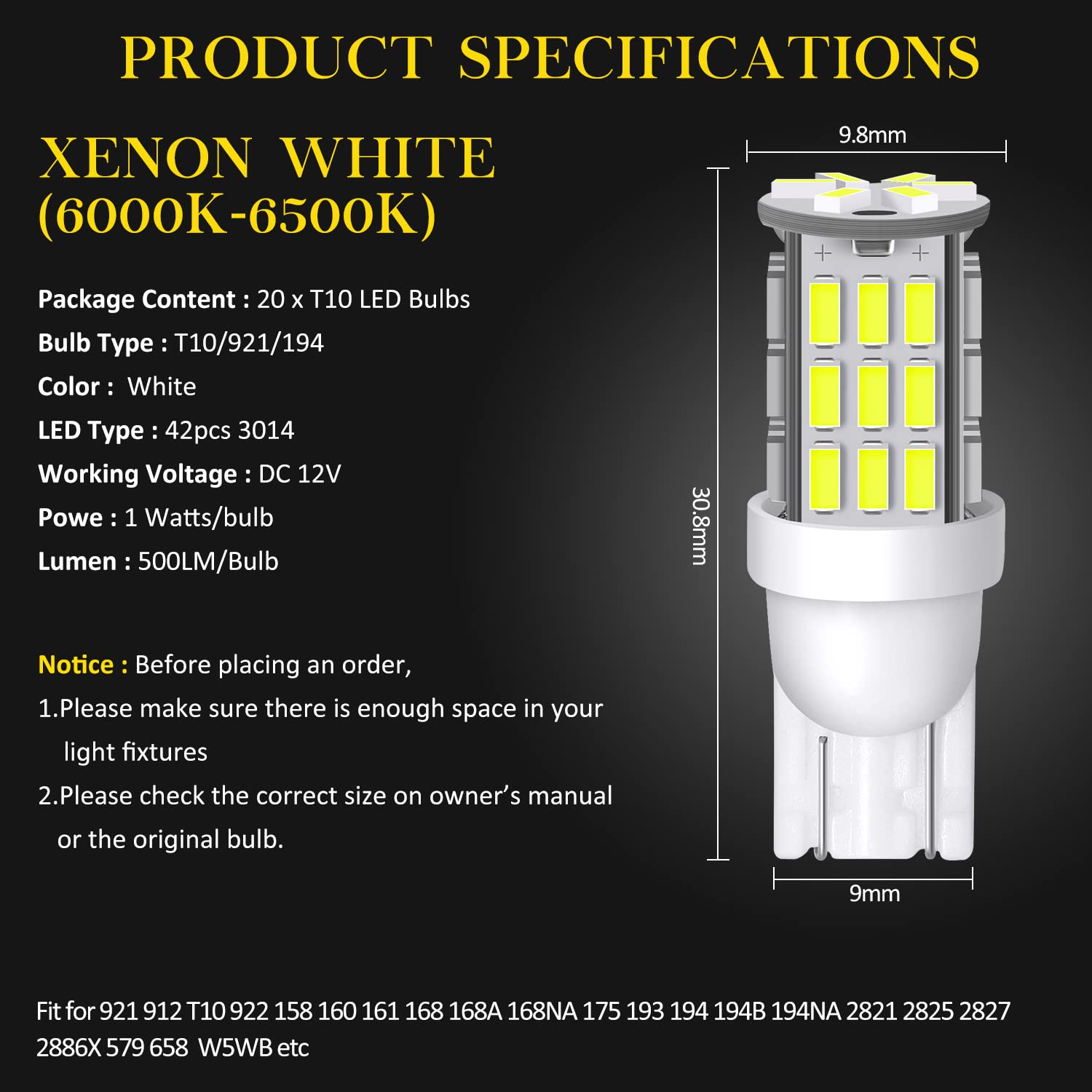 AOICANKI LED Backup Reverse Lights - 20pcs T10 921 194 42-SMD, 12V, Xenon White, Model 4333228554