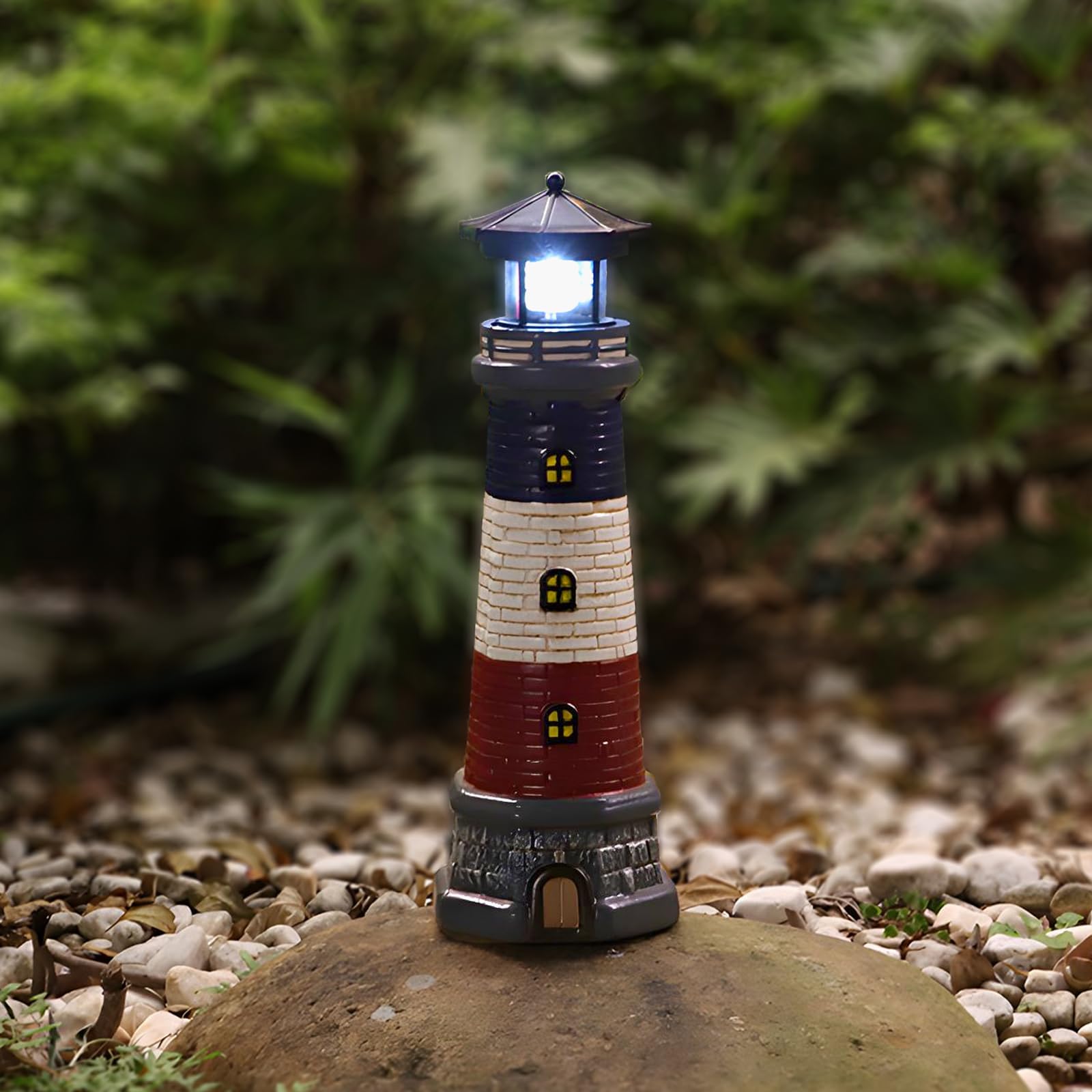 Zeanlant Solar Lighthouse Statues - Waterproof Outdoor Lights, 2-Pack, Red & Black, Automatic Rotating, Garden Decor, Model TH-LIGHTHOUSELIGHT-TWOPACK