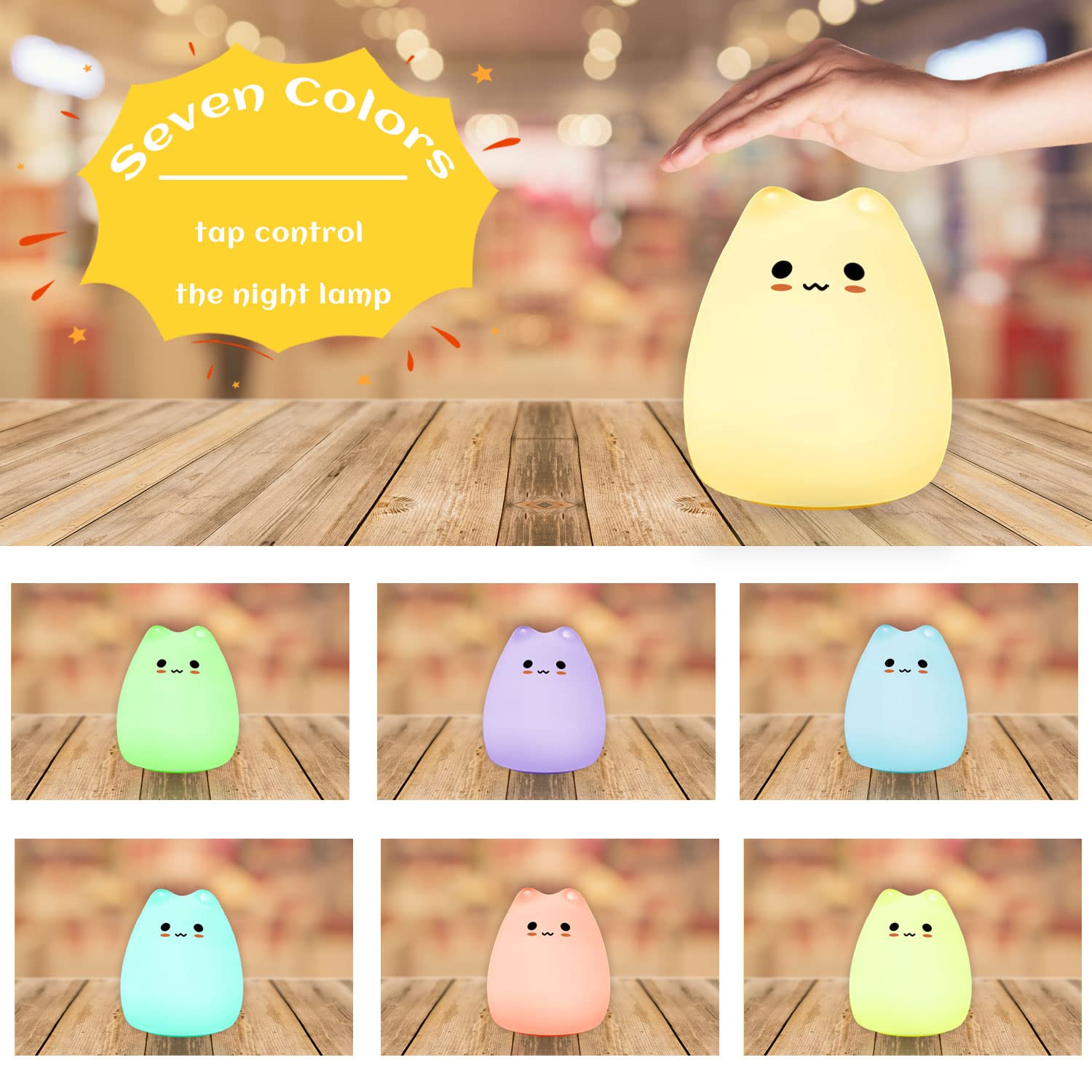 wokuya Cute Cat Night Light for Kids,Kawaii Silicone Nursery Kitty Night Light for Bedroom,7-Color Changing,Ideal Gifts for Todd