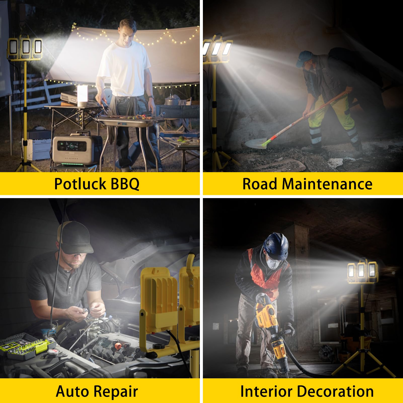 21000 Lumens Work Lights With Stand, 3 Adjustable Head Led Work Light, Waterproof Portable Lights With Individual Switch, Led Flood Light With 72 Inch Adjustable Metal Telescoping Tripod