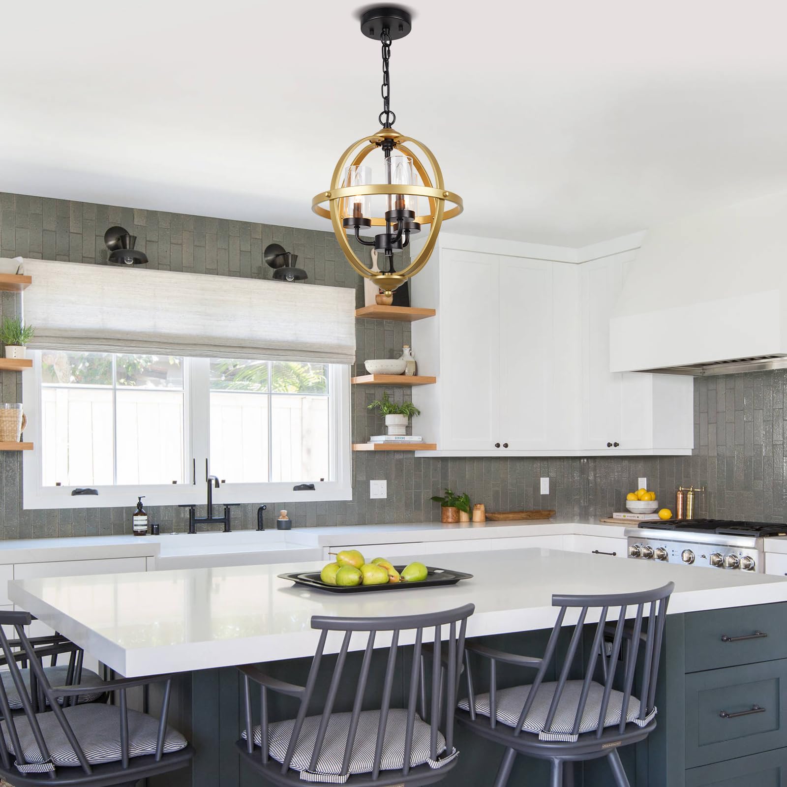 Treekee Rustic Chandelier, 14'' Gold Glass Cover Luxurious Hanging Light, 3-Light Globe Vintage Pendant Ceiling Light Fixtures F