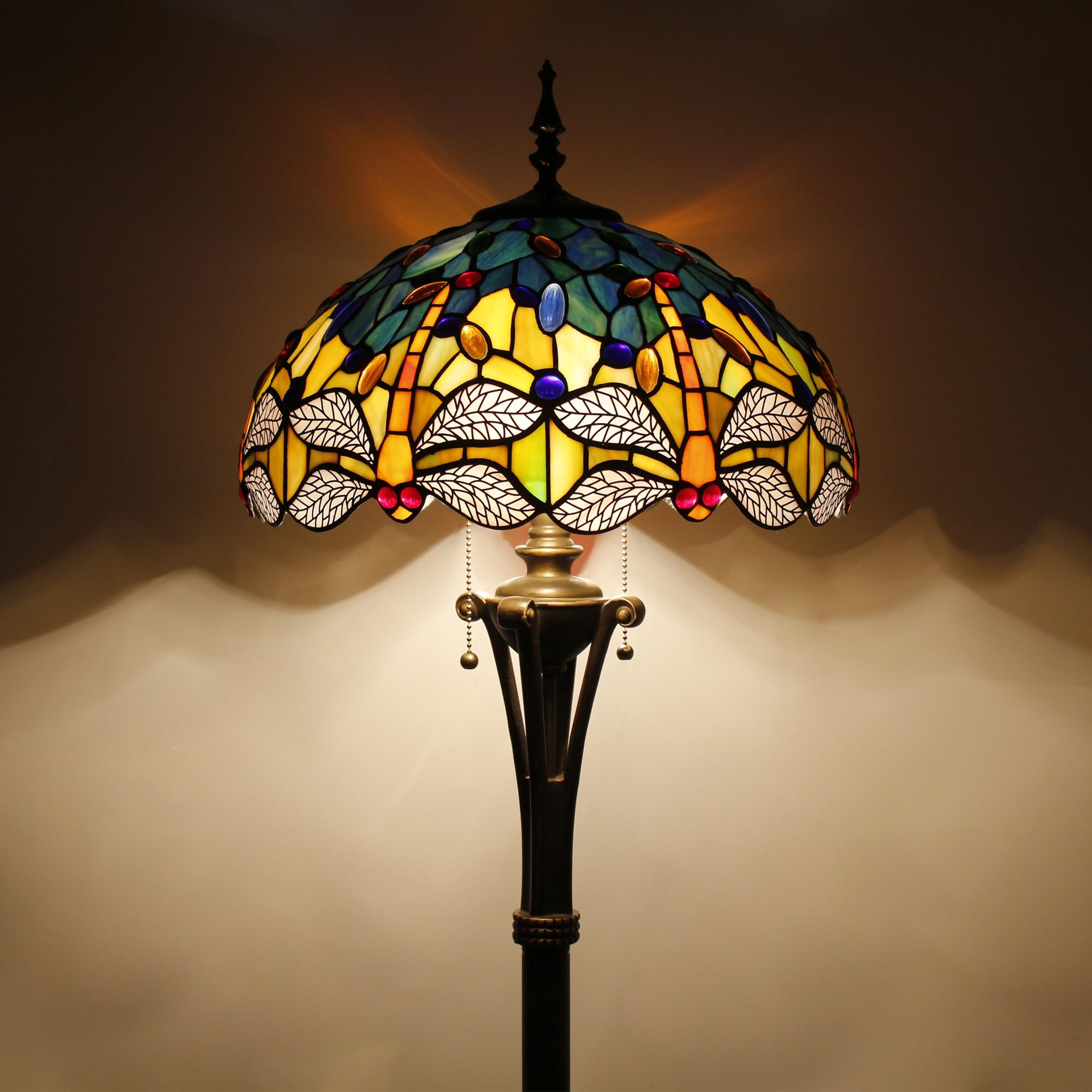 L-Juicwe Tiffany Floor Lamp Blue Yellow Stained Glass Dragonfly Standing Reading Light 16X16X70 Inches Antique Pole Corner Lamp 