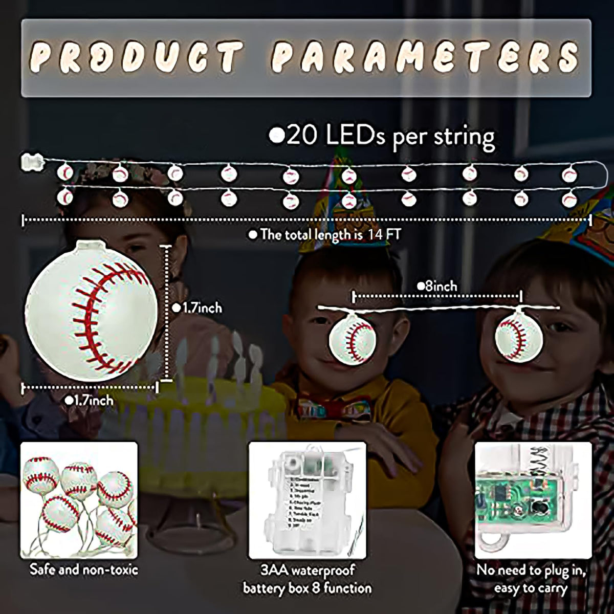YEAMAR Baseball String Lights 20 LED 14FT Baseball Decor Battery ...