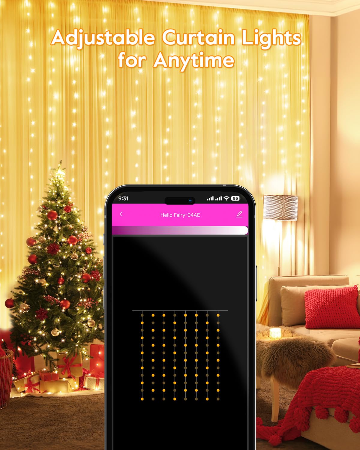 Brightown Smart Curtain Lights - 9.8ft 300 LED Warm White USB Fairy Lights with APP & Remote, Waterproof for Indoor & Outdoor Decor