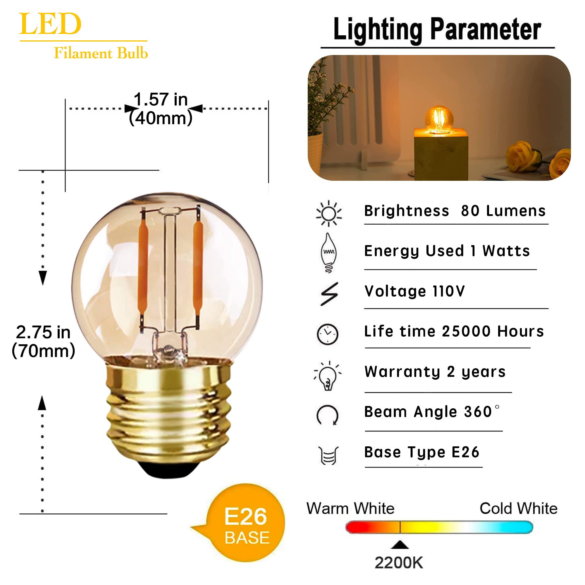 Grensk G40 Edison Led Filament Mini Globe Bulbs, 1W (10W Equivalent), Ultra Warm White 2200K, Amber Glass, 6 Count