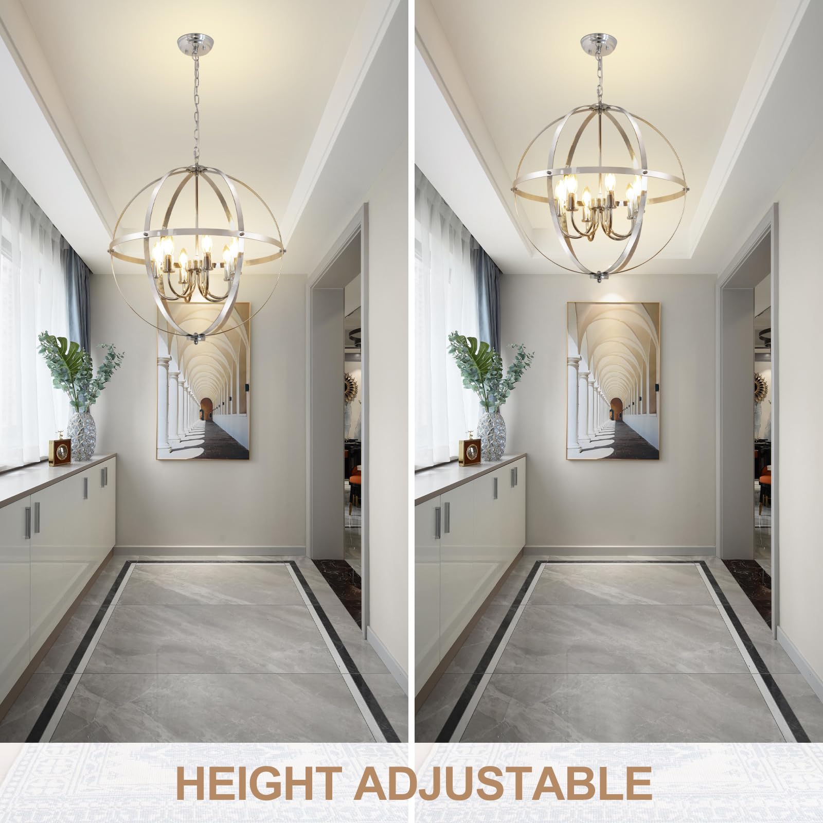 DINGLILIGHTING 6-Light Globe Pendant Light, Chrome Metal, Industrial Design, Model WS-FND5-40B-L