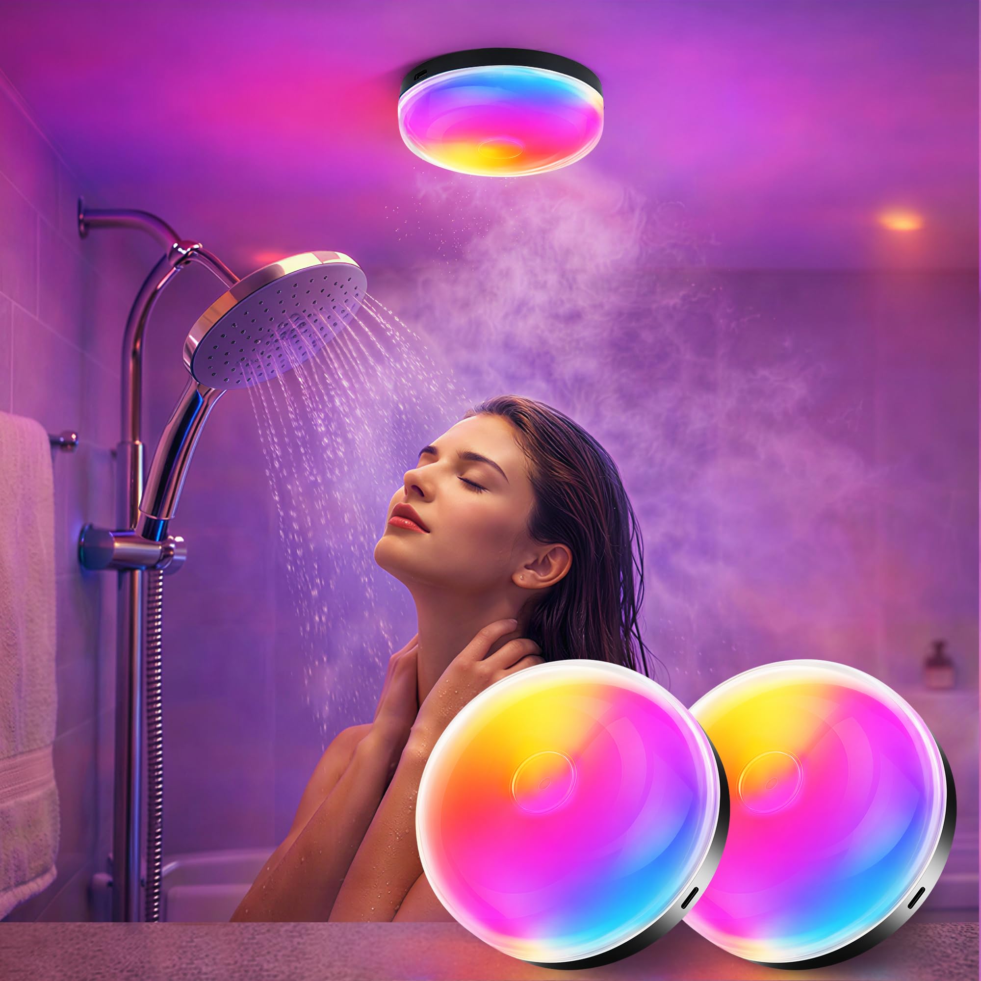 Loscarol 2 Pack Waterproof Shower Lights, Rechargeable Dimmable Shower Lamp, 15 RGB Colors, Remote Control Touch, Magnetic Wirel