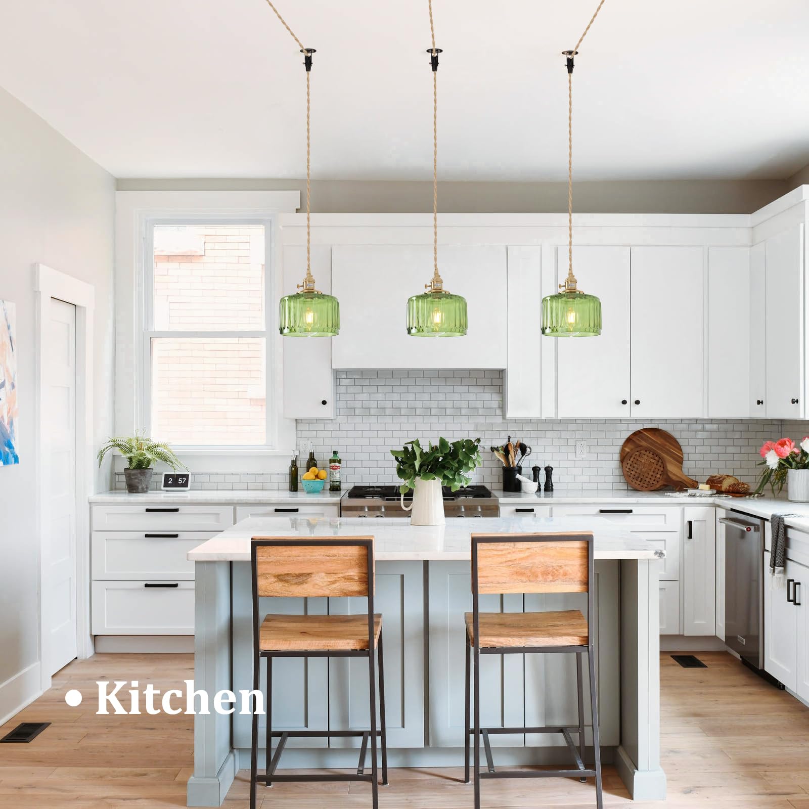 Shenmoyl Plug In Pendant Light Hanging Light Fixture Corded On/Off Switch Brass Pendant Light With Green Striped Glass Lampshade