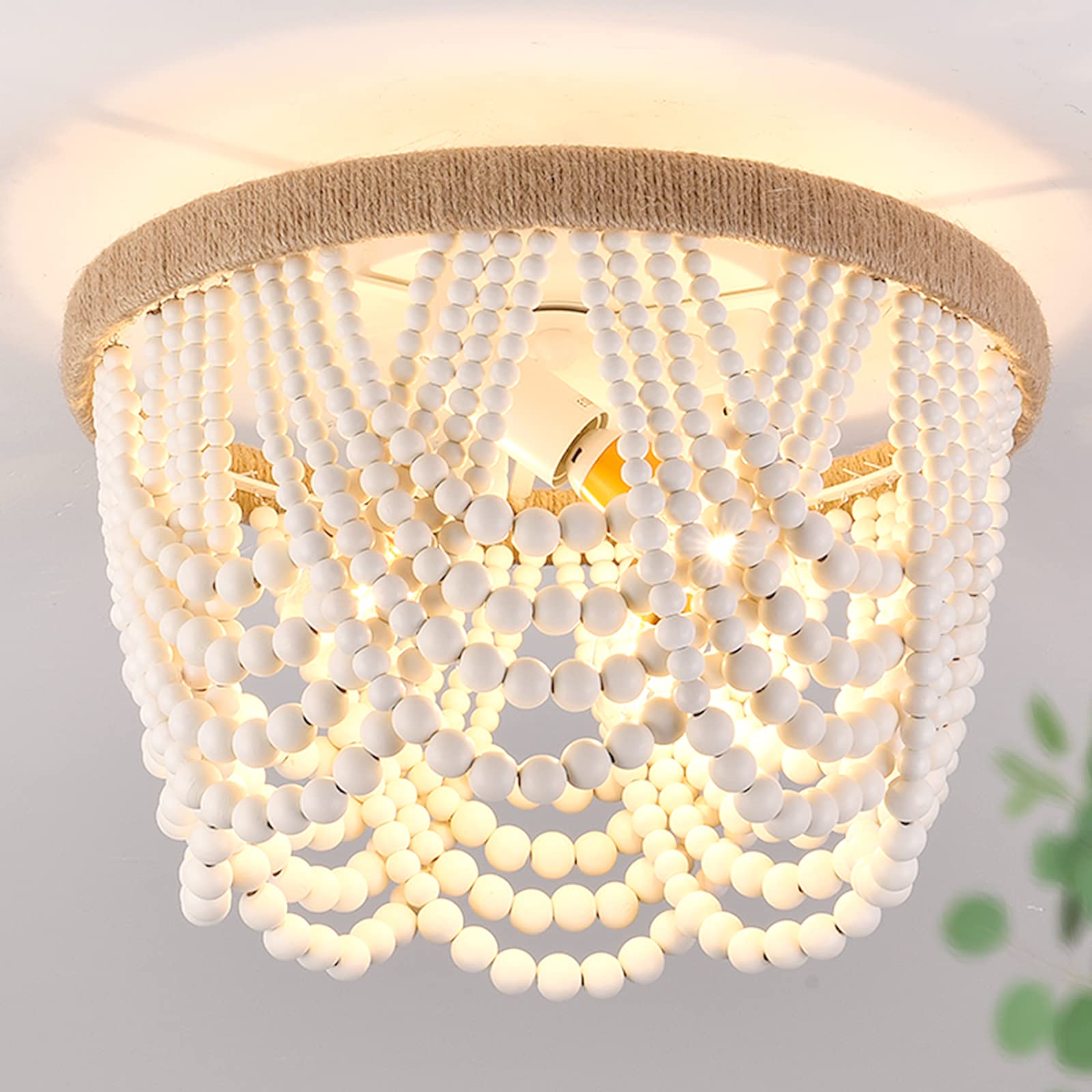 Capslpad Wood Beaded Flush Mount Ceiling Light, Antique Rustic Mini Chandelier, 3-Light, 12.8inx9.6in, Warm White, Model T14MZ02