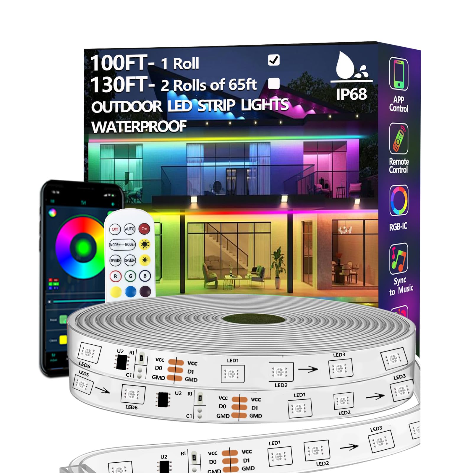 httpsmp 100FT Outdoor LED Strip Light, IP68 Waterproof, RGB+IC, App/Remote Control, Music Sync, Chase Mode