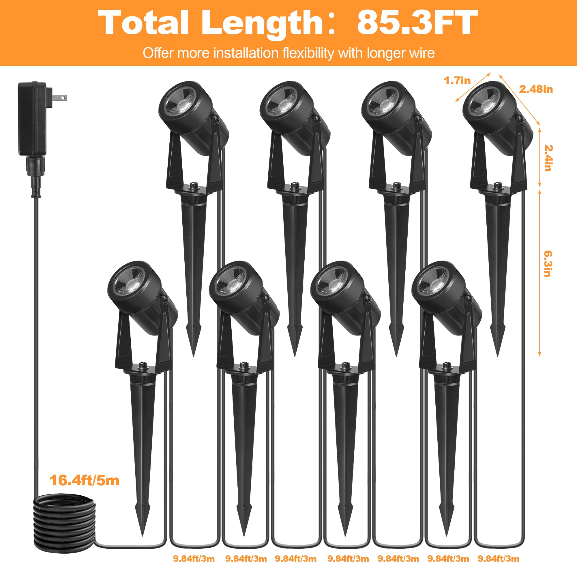 85.3Ft Led Outdoor Landscape Spot Light Low Voltage, 24W Wired Uplight With Transformer, Ip65 Waterproof Outside Plug-In Lightin