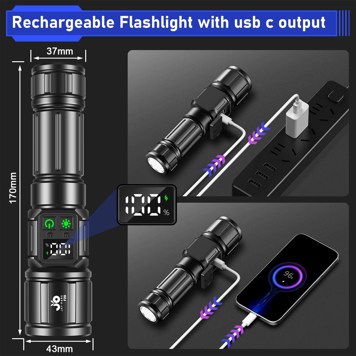 JAY-PARK High Lumens Rechargeable Flashlight 100000 Lumens, 9 Modes, Small Gray Aluminum, Model F20