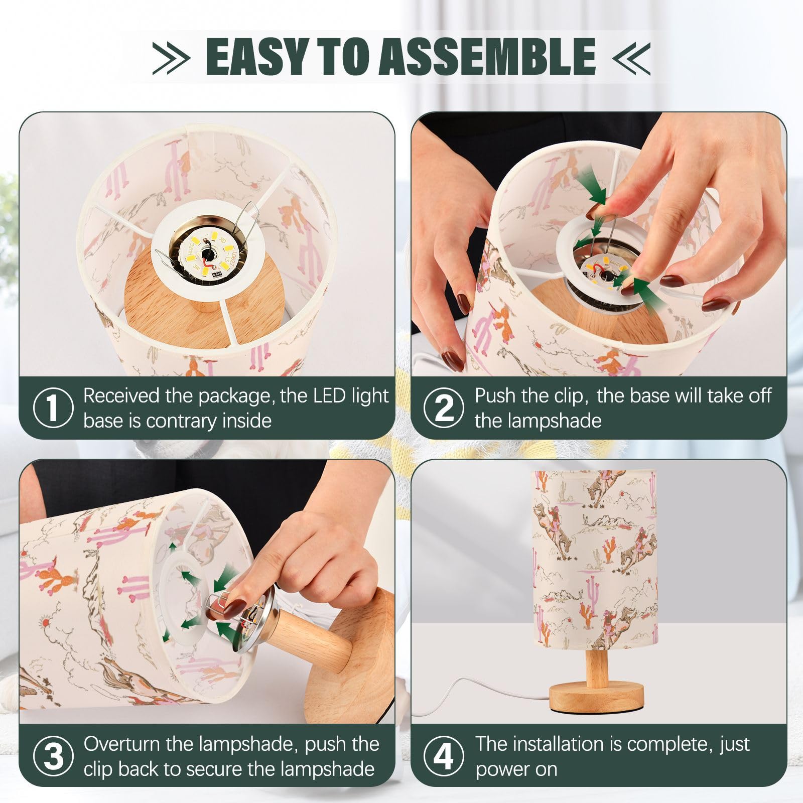 Goodold Cute Rodeo Cowgirl Led Table Lamp - Modern Minimalist Bedside Lamp With Round Flaxen Fabric Shade For Nightstand, Perfec