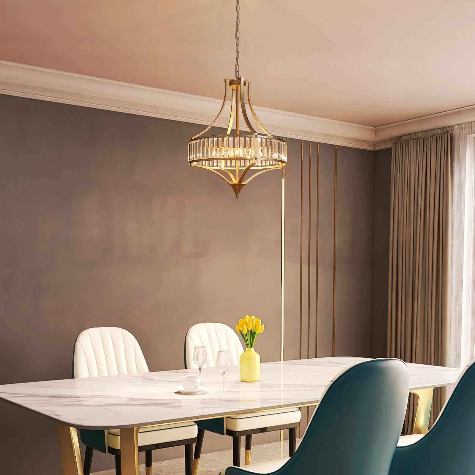 Majhoiw 21.6" Gold Crystal Chandelier - 6-Light Modern Dining Room Fixture for Kitchen, Hallway, Bedroom, Foyer - Model MJ032-NEW-GD