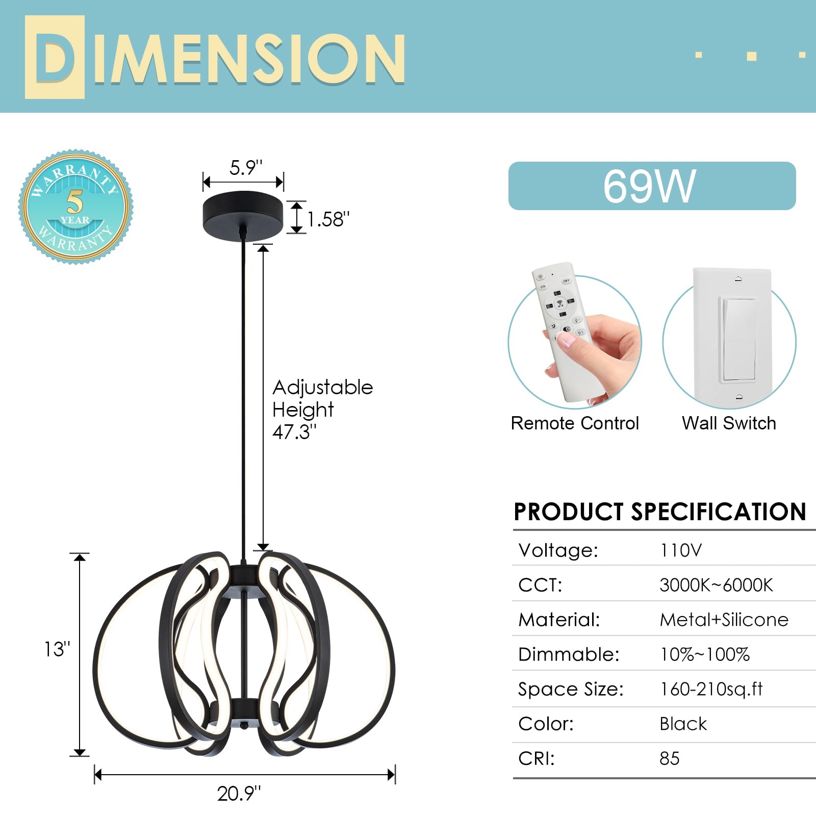 Chying Modern Black Chandelier Dimmable Led Chandelier With Remote 3000K-6000K Industrial Cage Pendant Light For Kitchen Island
