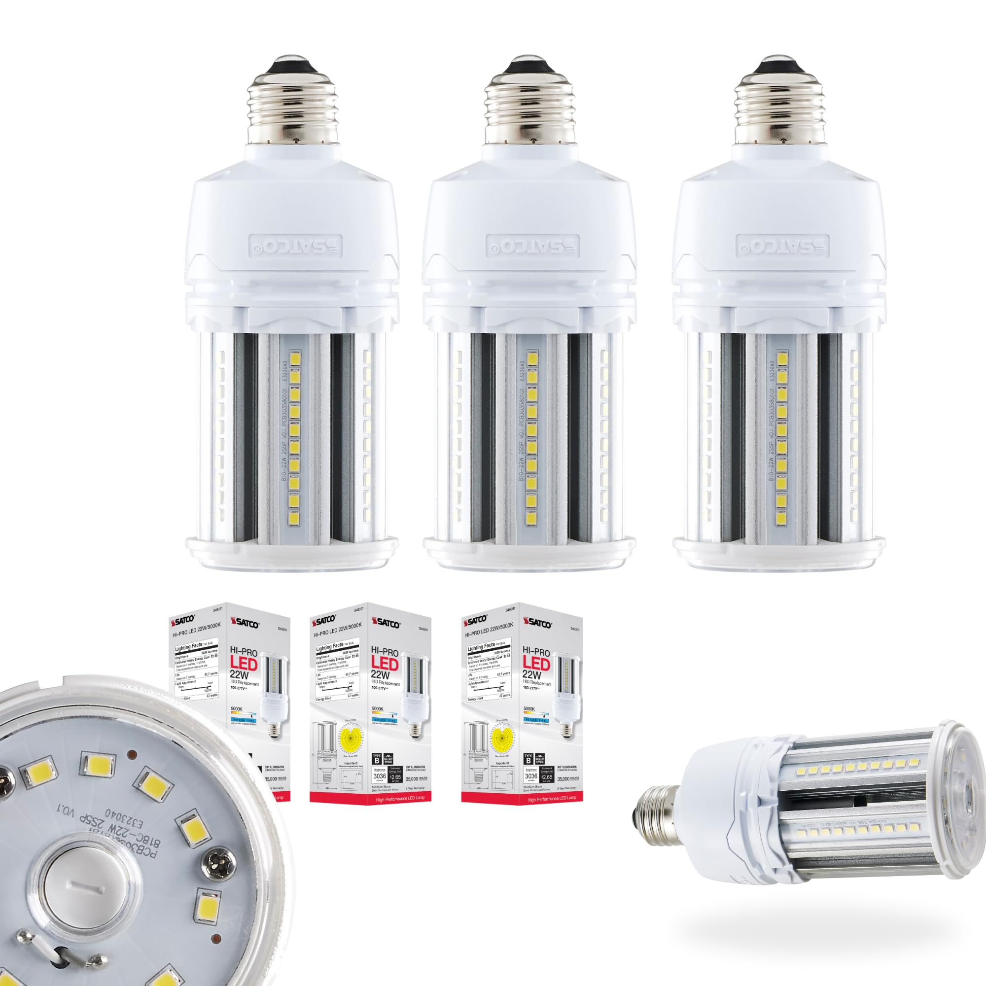 Satco LED Corncob Bulb, 22 Watt, 5000K, Medium Base, White, Model S49391, 3 Pack