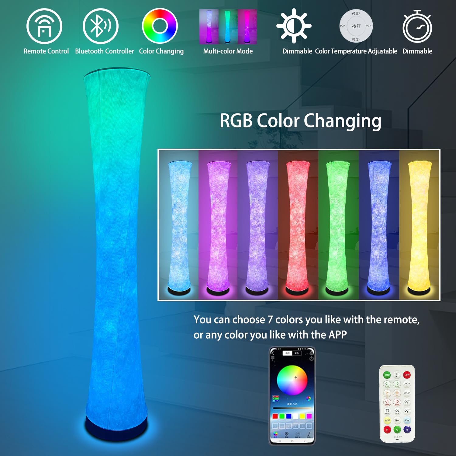Glveaoui Floor Lamp, RGB Color Changing, Music Sync, APP Remote Control, 61in Standing Lamp, White, Polyester