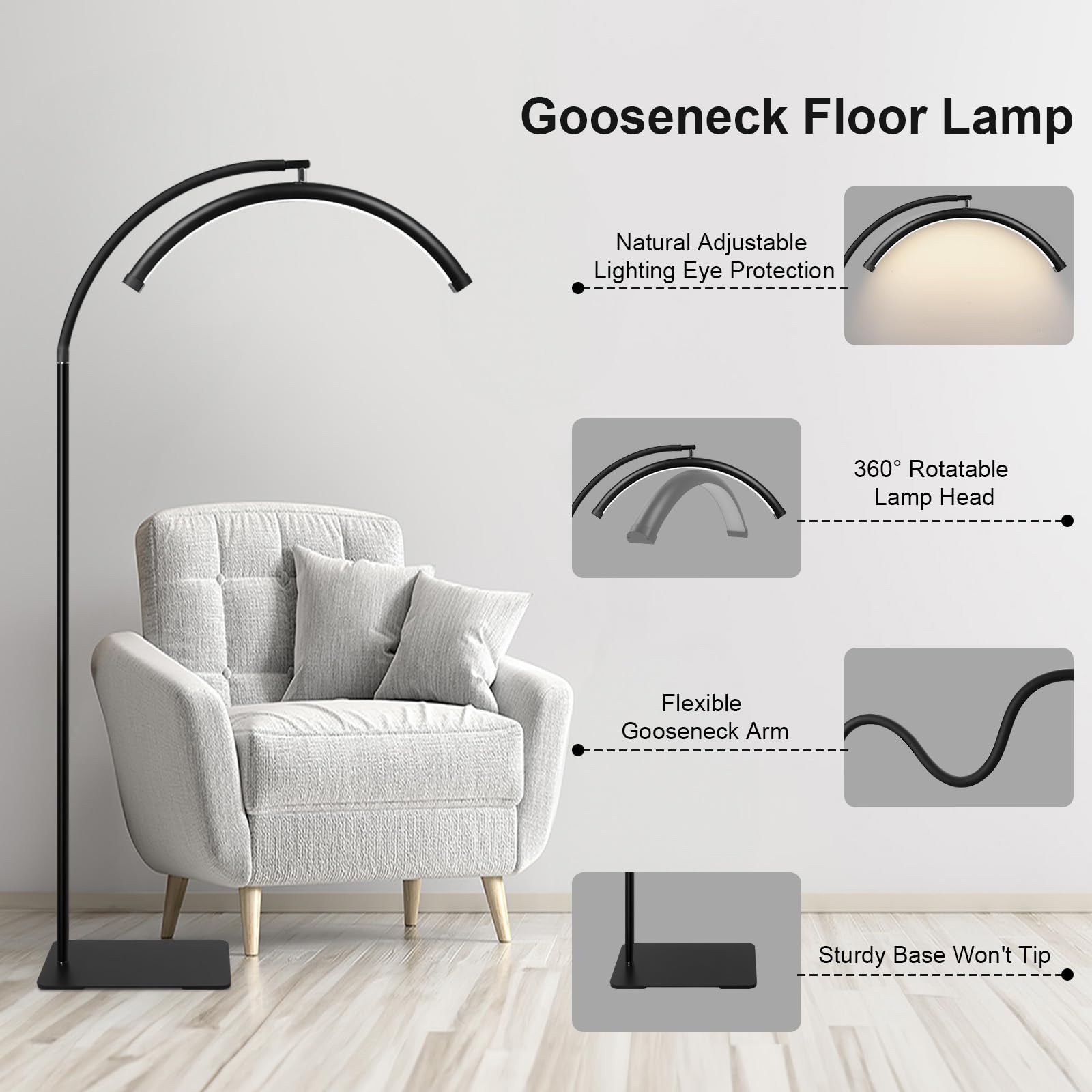 ebrlaxin Half Moon Floor Light - LED Lash Lamp with Adjustable Brightness, Black Gooseneck, Model FL-40 for Eyelash & Nail Techs