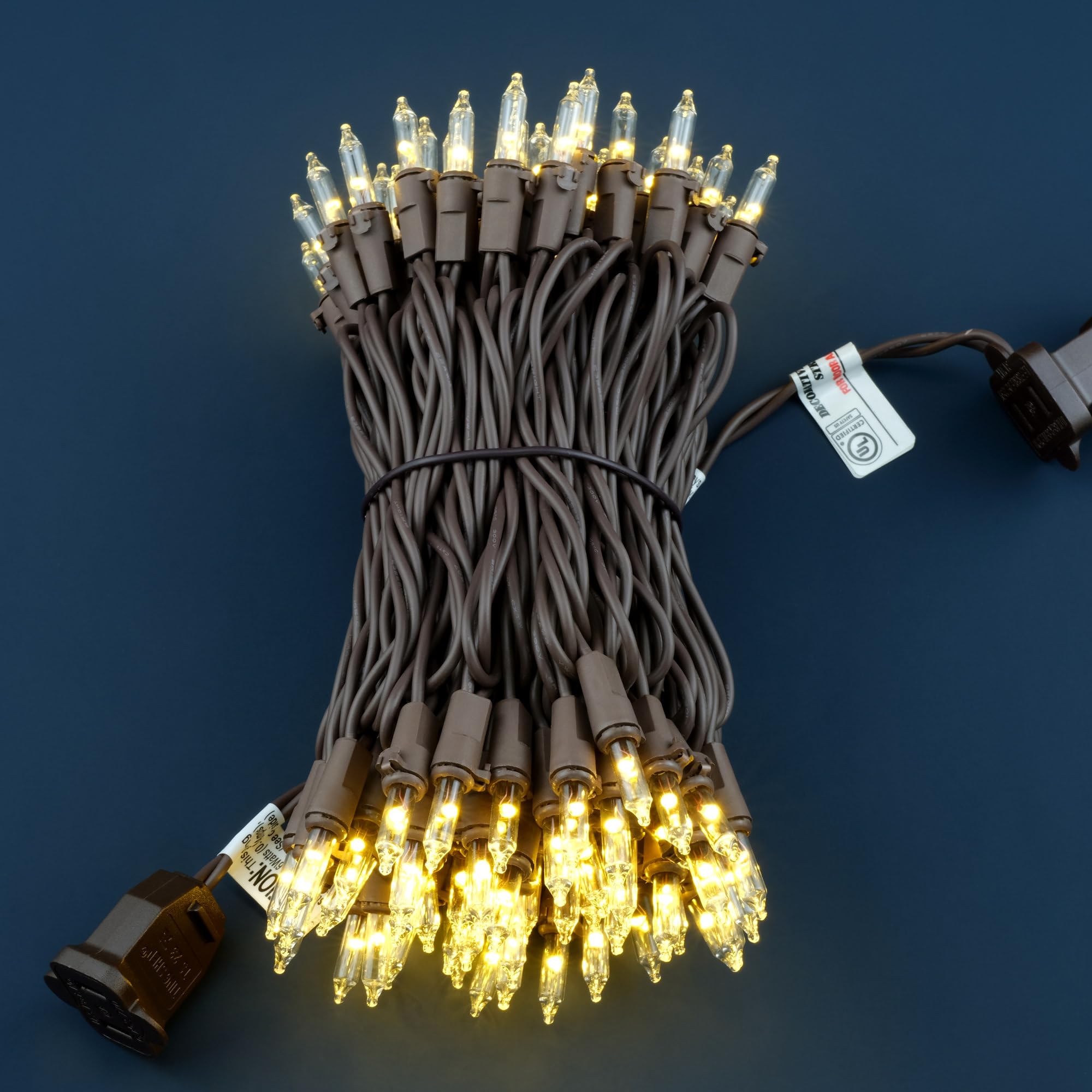 YULETIME 100 Count Mini String Lights, 33ft Brown Wire, Warm White, UL Certified, Copper Wire and Glass Bulbs