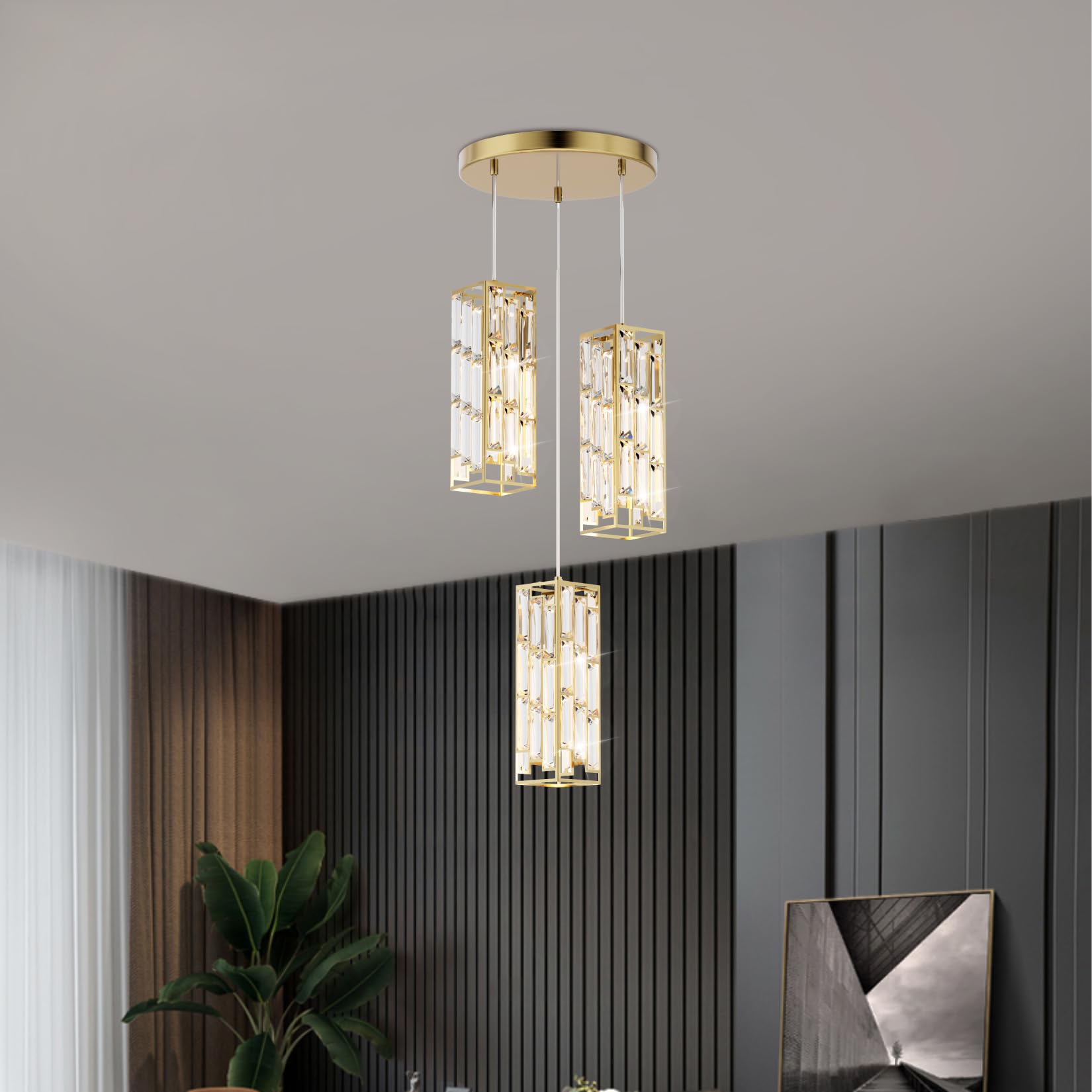 Aoceley 3-Light Brass Pendant Lights Modern Pendant Light Fixture, Mini Crystal Pendant Ceiling Light, Pendant Light For Kitchen