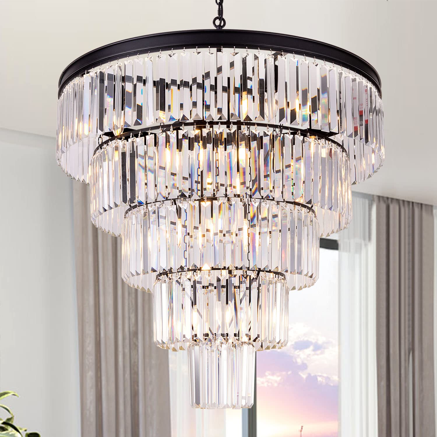 TOCHIC Large Crystal Chandelier for High Ceiling, 40 inch 7-Tier Modern Black Crystal Chandeliers Lighting Fixture, Round Light 
