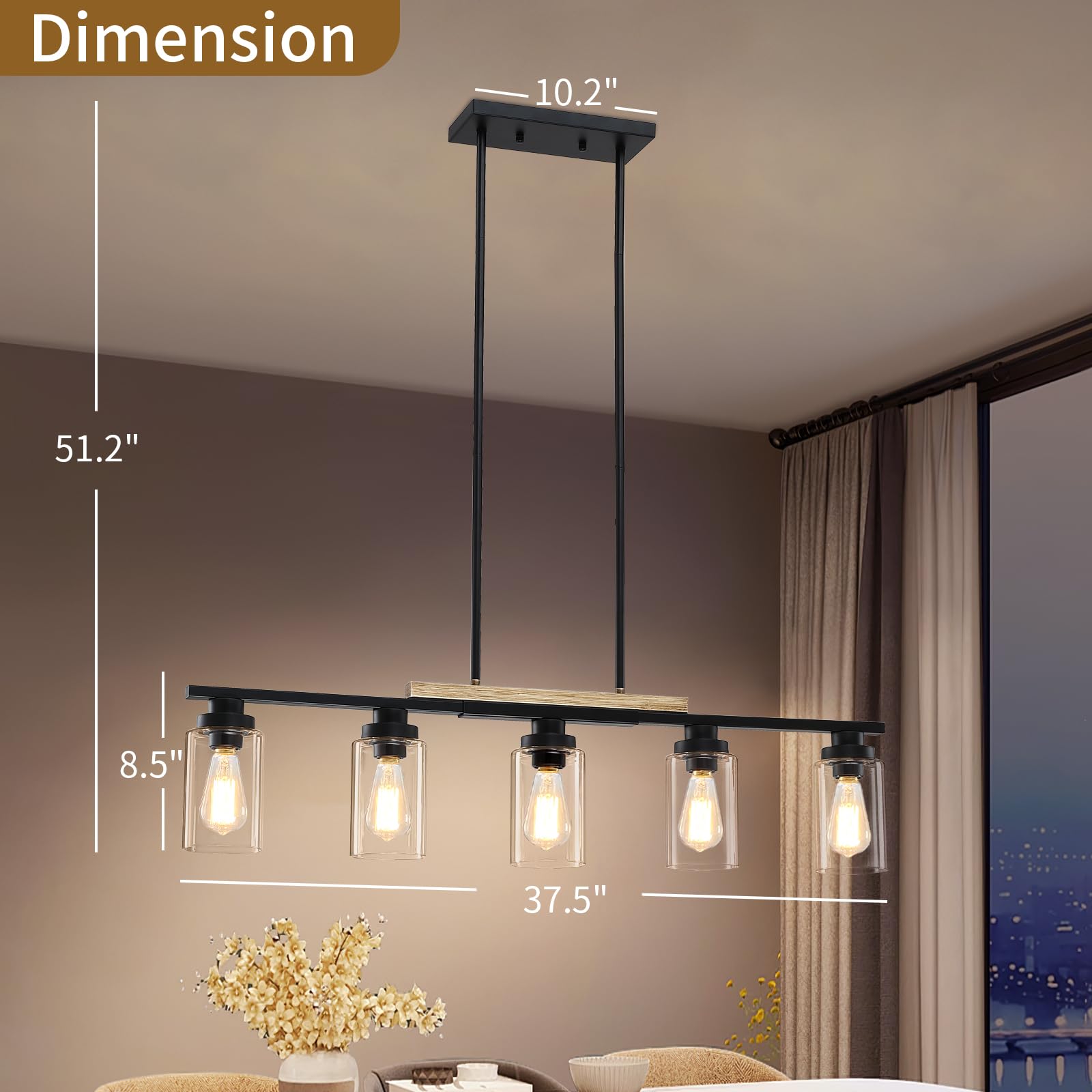 Yusist 5-Light Farmhouse Kitchen Island Chandelier, Black Wood Pendant Lighting for Dining Room, Model D6118-05-BK