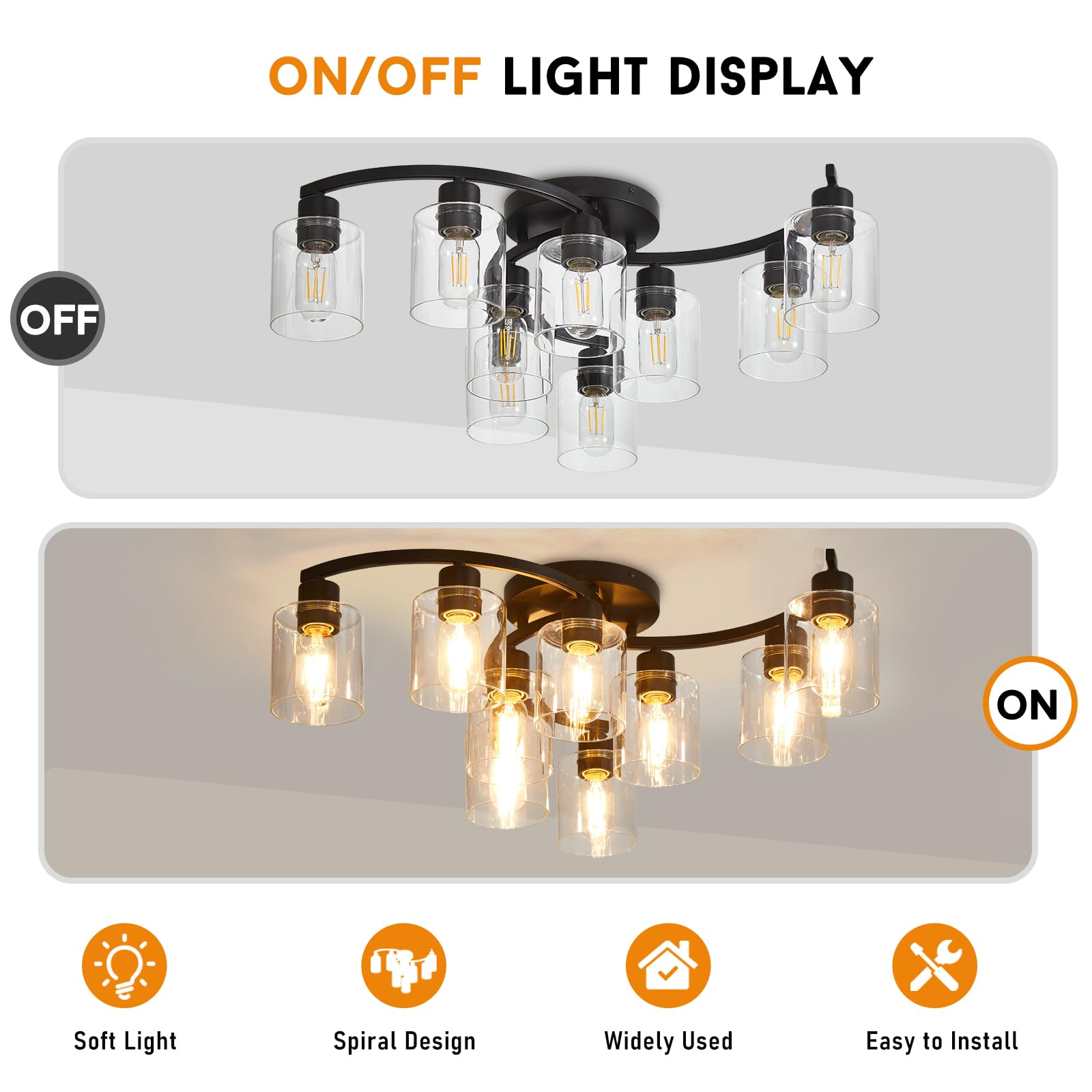 Eatich 9-Light Semi Flush Mount Ceiling Light, Matte Black Ceiling Light Fixture, Farmhouse Dining Room Light Fixture With Clear Glass Shade, Kitchen Light Fixtures Ceiling Mount For Living Room