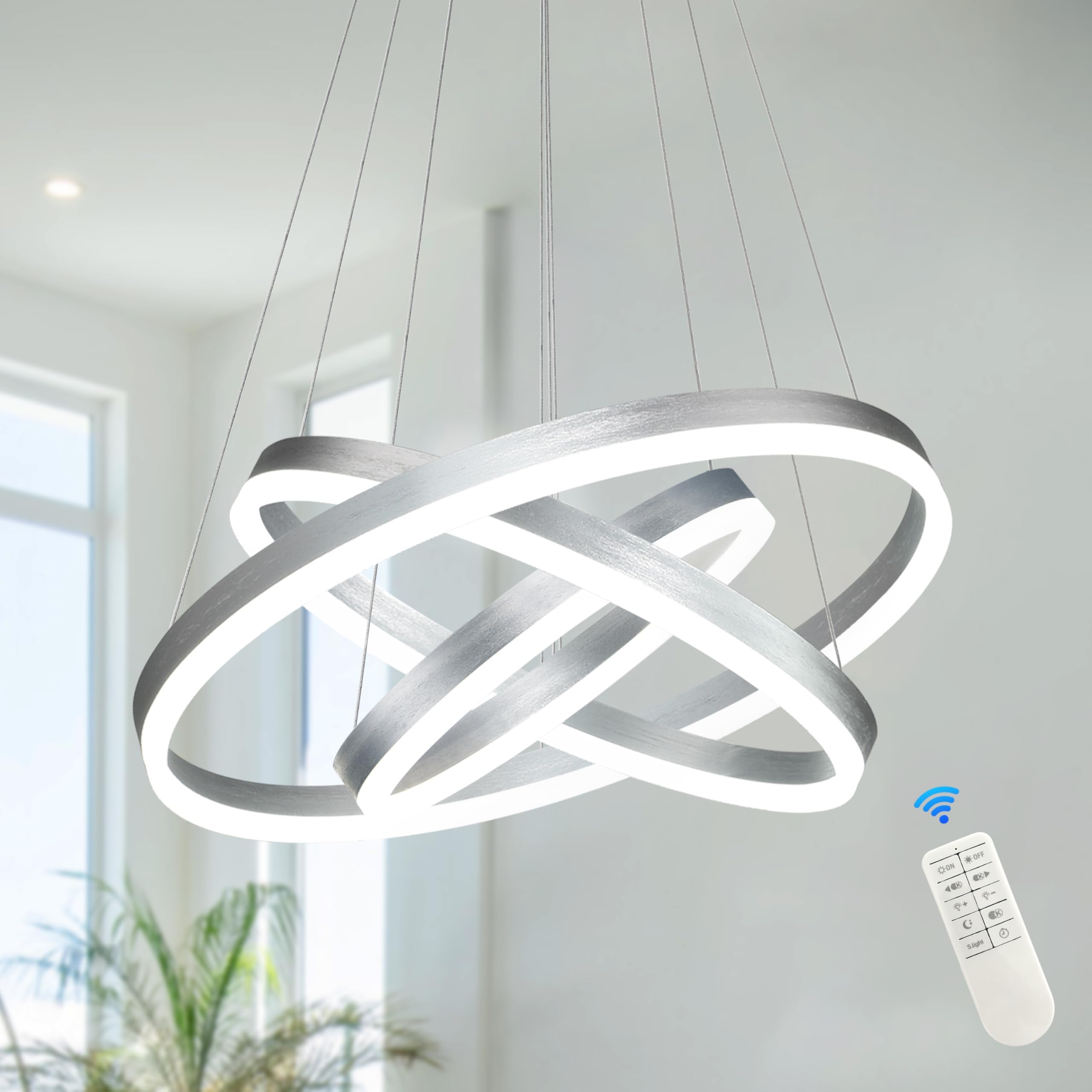 Mccokaige Modern Sliver Led Chandelier 3 Rings Pendant Lights Dimmable Chandeliers Color Temperature Height Adjustable Sliver Ch