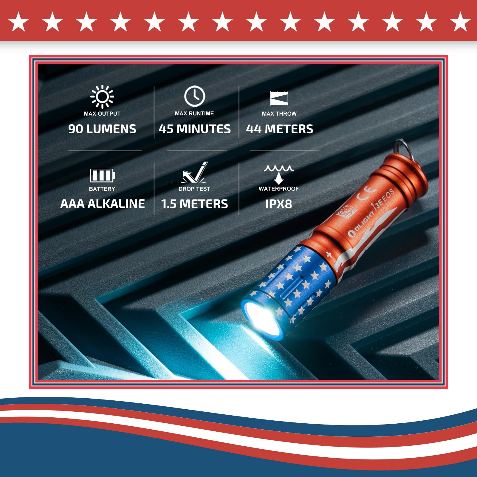 OLIGHT i3E EOS Flashlight 90 Lumens Mini Keychain Stars & Stripes Edition