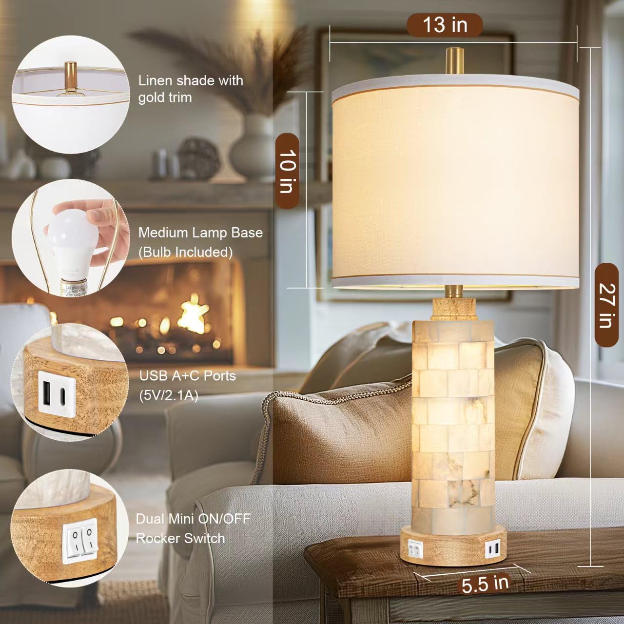 Kivditzo Natural Alabaster & Wood Table Lamp Set Of 2 With Usb Ports & Night Light