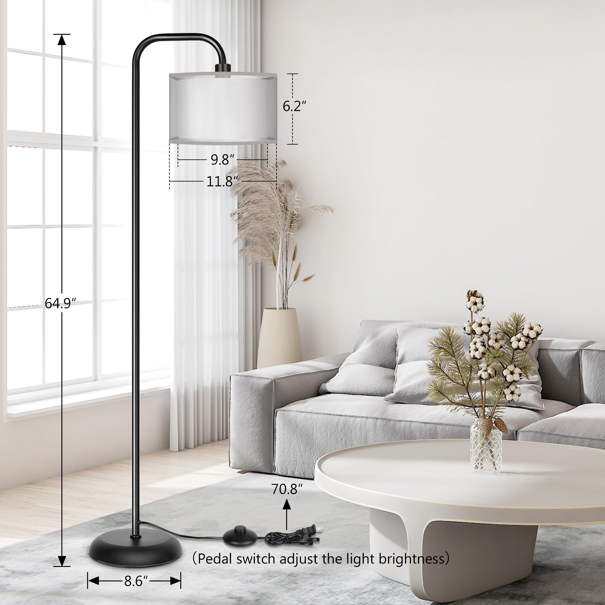 Partphoner Led Floor Lamp For Living Room, Modern Standing Lamp With Foot Switch Grey Organza Fabric Shade Tall Pole Reading Lam