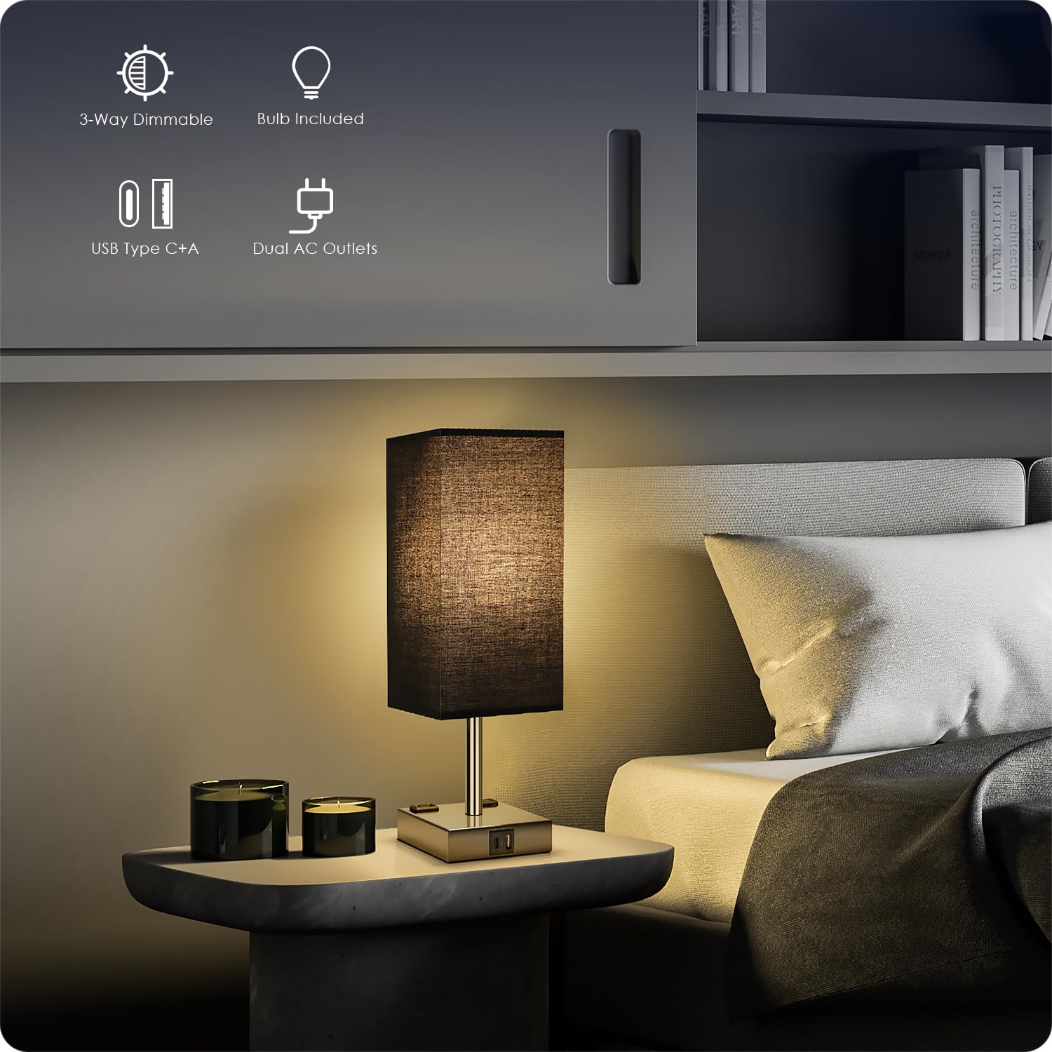 Soilsiu Touch Control Bedside Lamp with USB C+A Ports, 3-Way Dimmable, 4.3in Width, Black, Model TD-018S