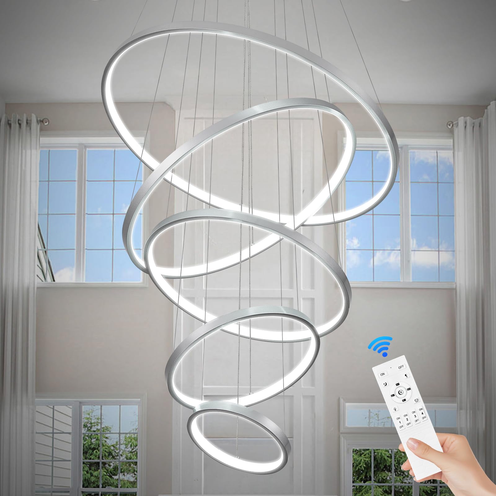 Sparklelf LED Chandelier, 5 Rings 23.6inch, Black, Dimmable, Remote Control, Model P16-5BDC1