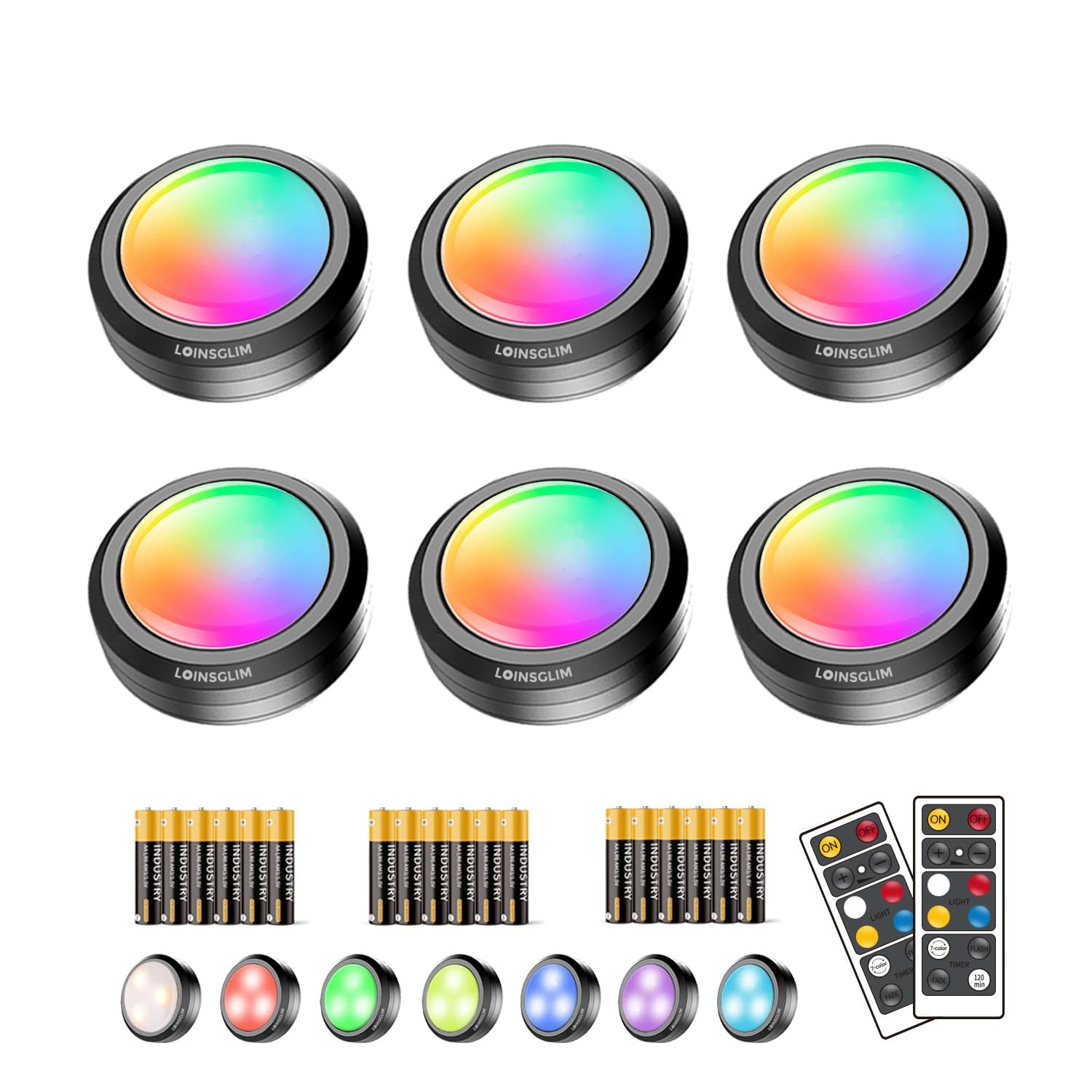 Loinsglim Puck Lights With Remote,Under Cabinet Lighting Wireless,Battery Operated Rgb Led Lights Dimmable,7 Colors Push Lights For Closet,Kitchen,Under Counter Lights Bar Display Shelf (6Pack)