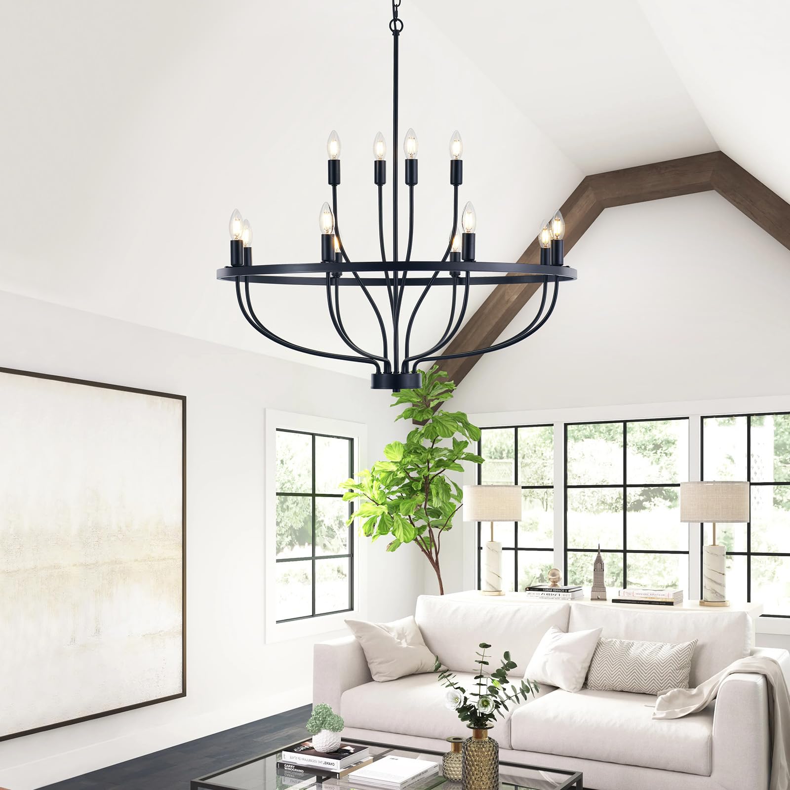 Widluth 33.5'' Industrial Black Chandelier Vintage 12-Lights Rustic Candle Style Chandeliers Light Fixture Retro Farmhouse Black