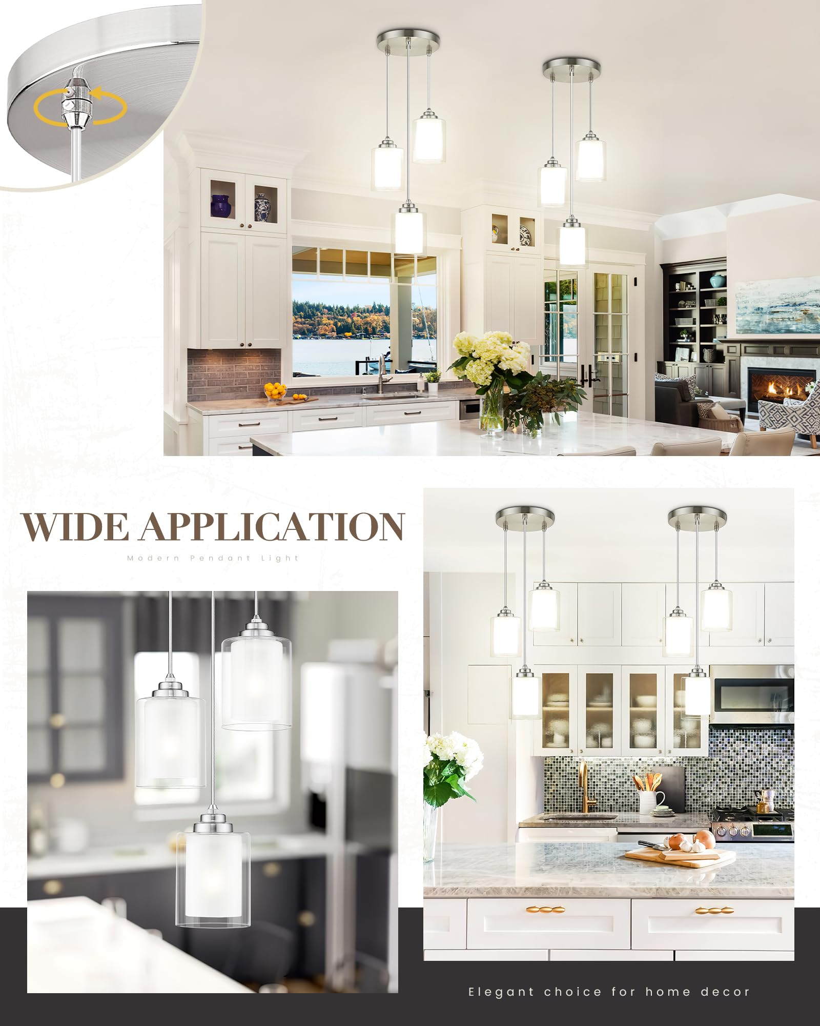 Tengxin 3 Light Pendant Light,Pendant Lights Kitchen Island,Brushed Nickel Pendant Lights With Dual Glass Shade,Farmhouse Pendan