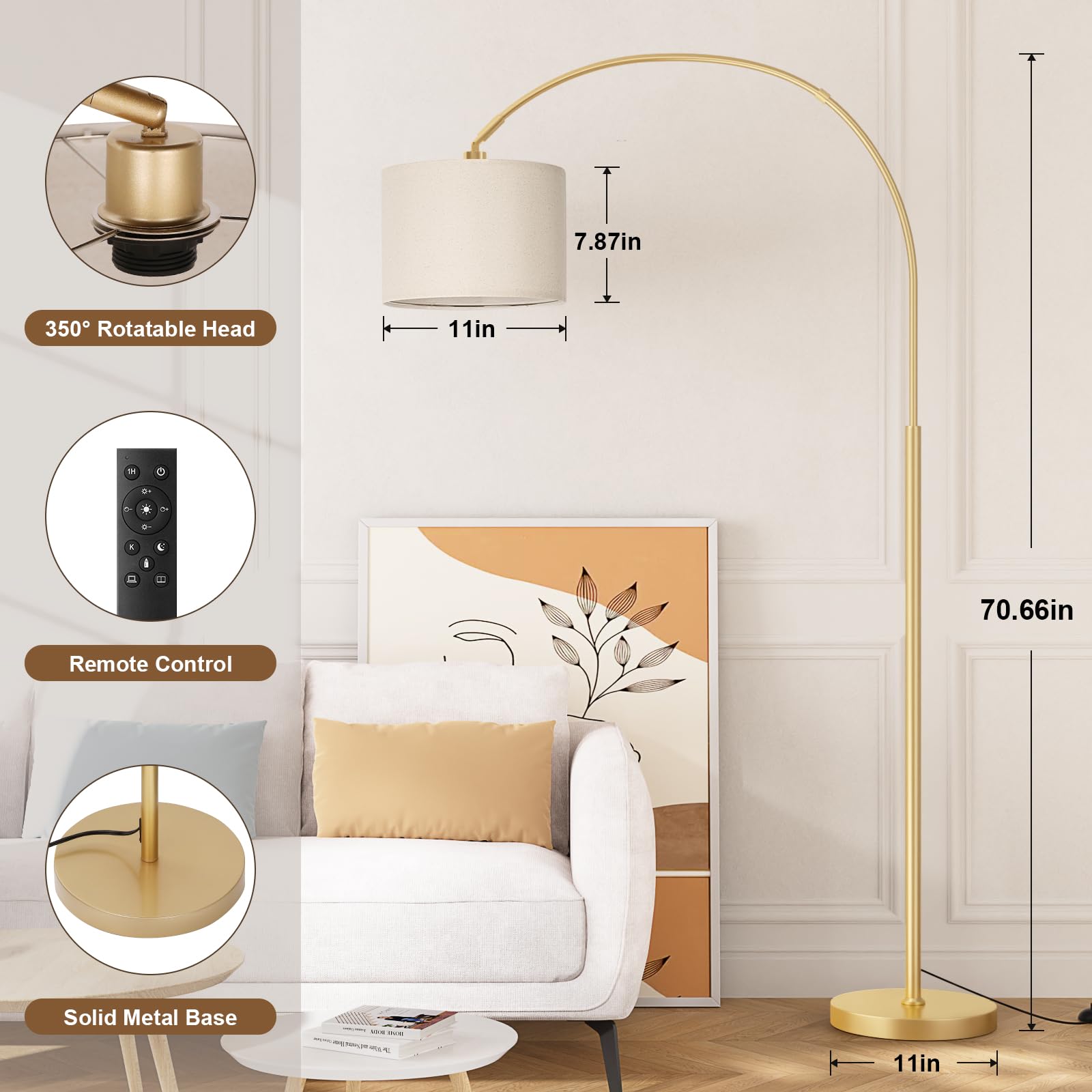 Ambimall Dimmable Arc Floor Lamp with Remote, Metal, 70.66in H x 27.95in W x 11in D, Deep Beige and Gold