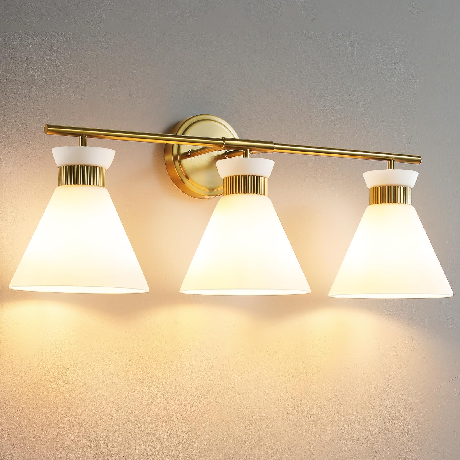 WOSHITU Bathroom Vanity Light Fixtures: 3-Lights Mid Century Modern Vanity Lights for Bathroom Over Mirror, Brushed Gold Wall Sc
