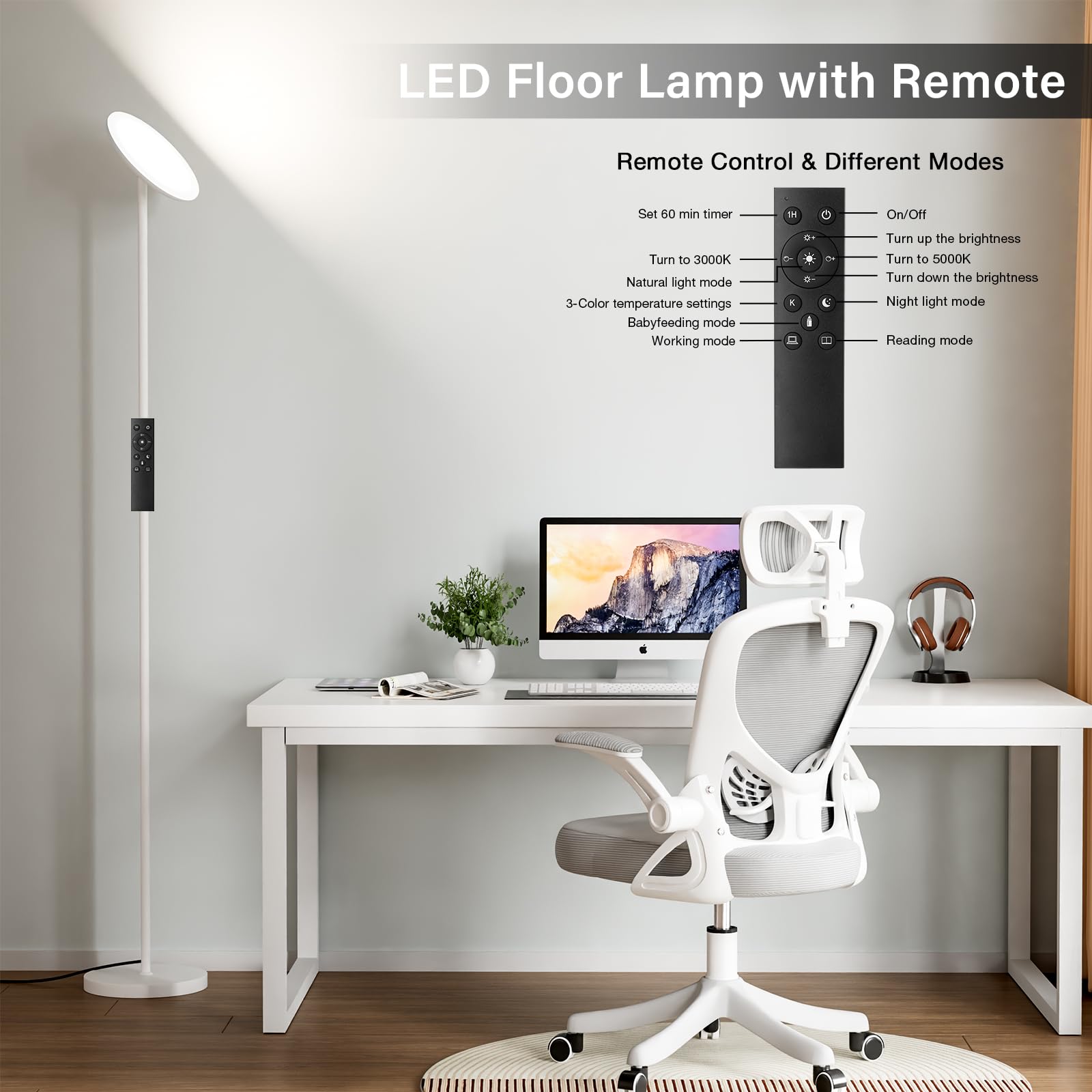PreeOtti Modern LED Floor Lamp - Remote & Touch Control, Dimmable, 3 Color Temps, Large, White