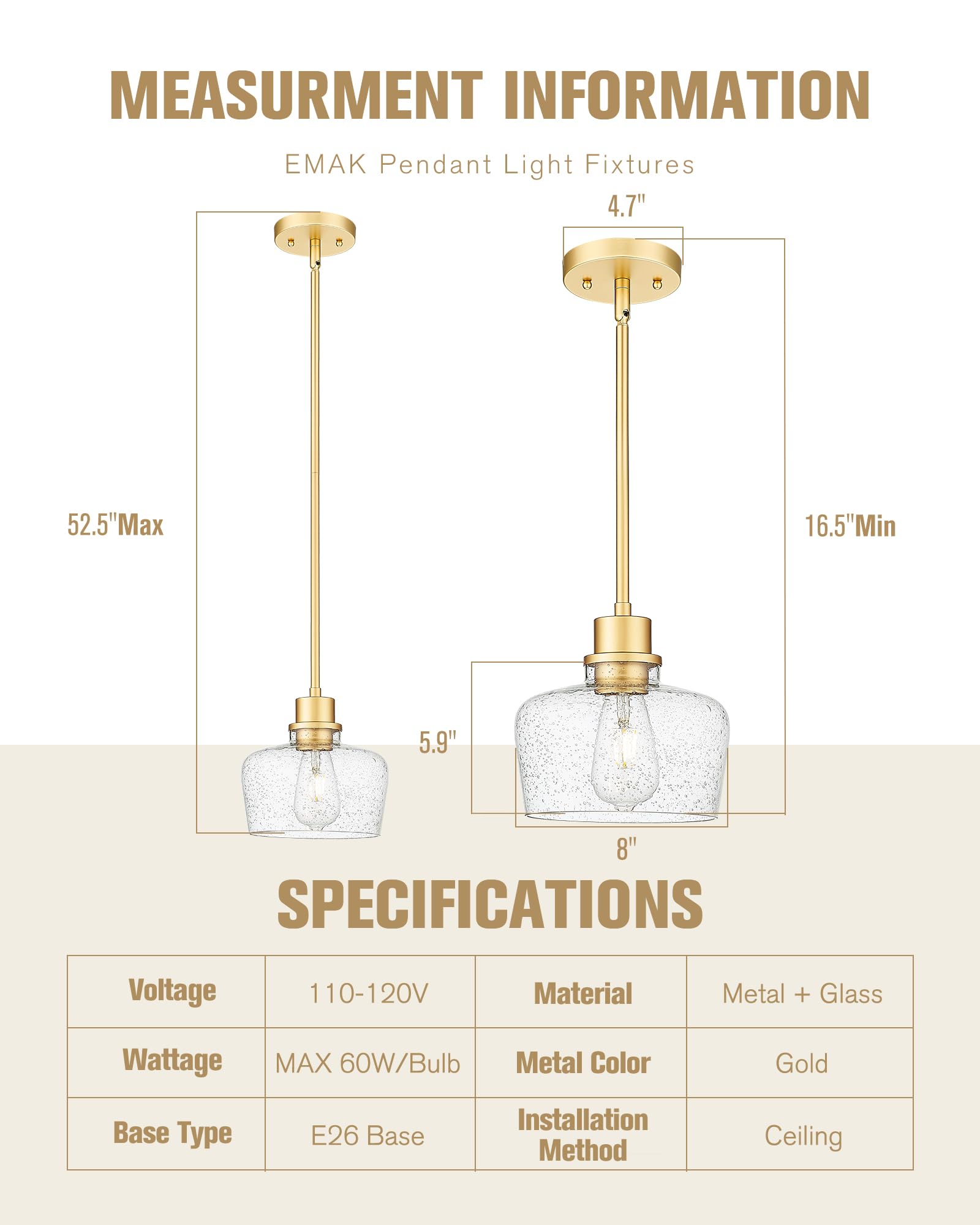 Emak 8 Inch Gold Pendant Light Fixtures, Modern Pendant Lights Kitchen Island With Seeded Glass Shade, 1 Light Hanging Light For