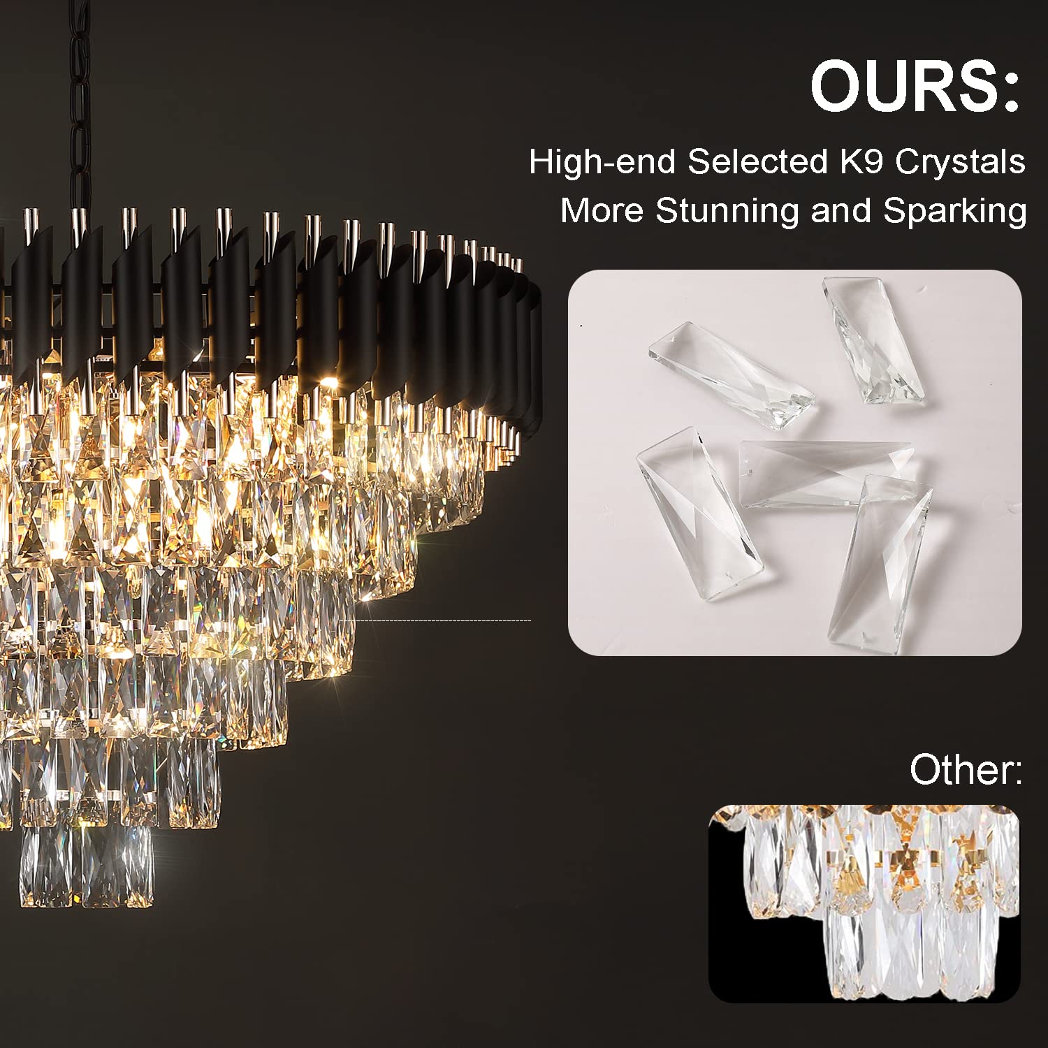AXILIXI Modern 30” Black & Gold Crystal Chandelier, 6-Tier K9 Pendant Light for Dining Room, Entryway, Foyer, Model DH8801B-750