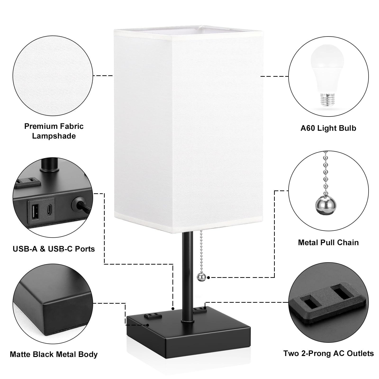 Aooshine White Medium Table Lamp With Usb Ports - 3 Color Temperature Bedside Lamp For Bedroom, Pull Chain Control, Usb A And C